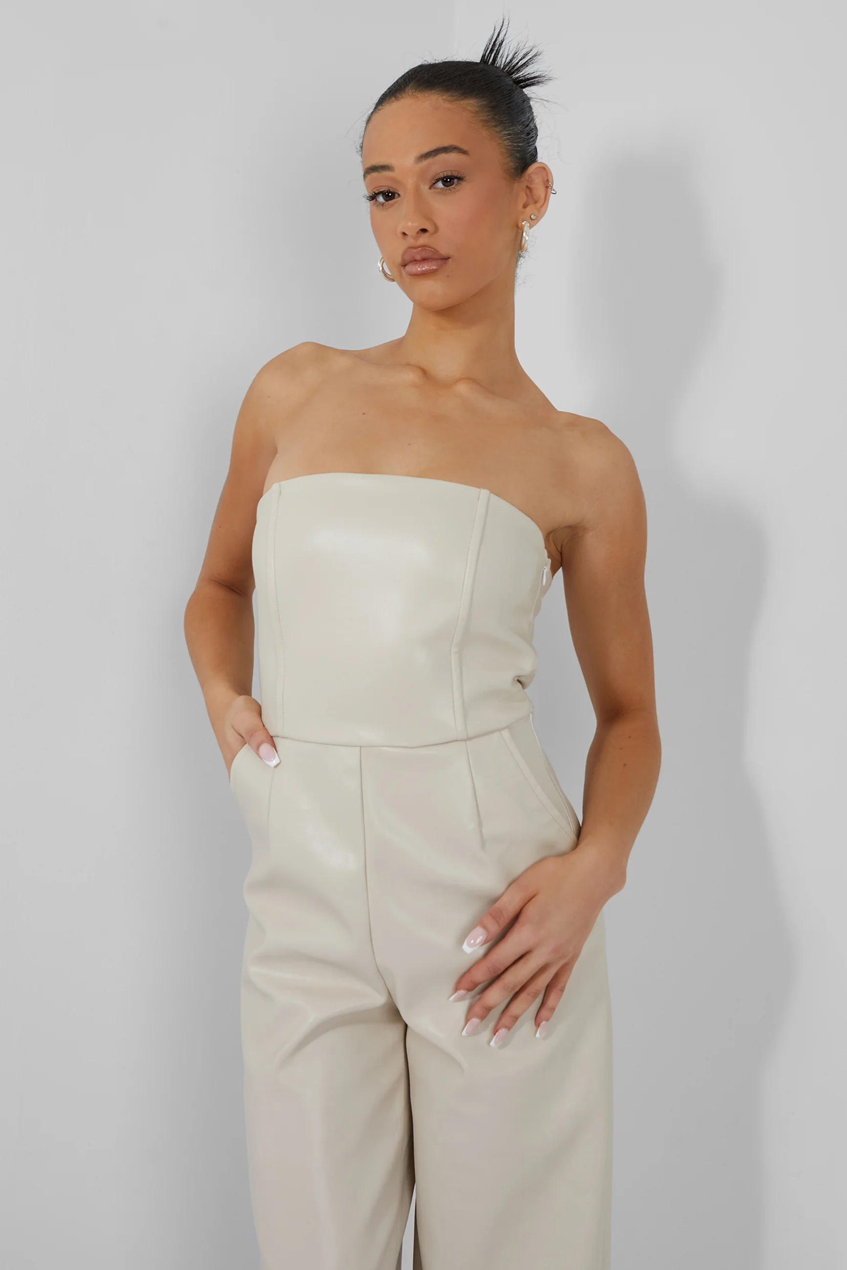 Bandeau Tailored Wide Leg Jumpsuit Stone - Image 3