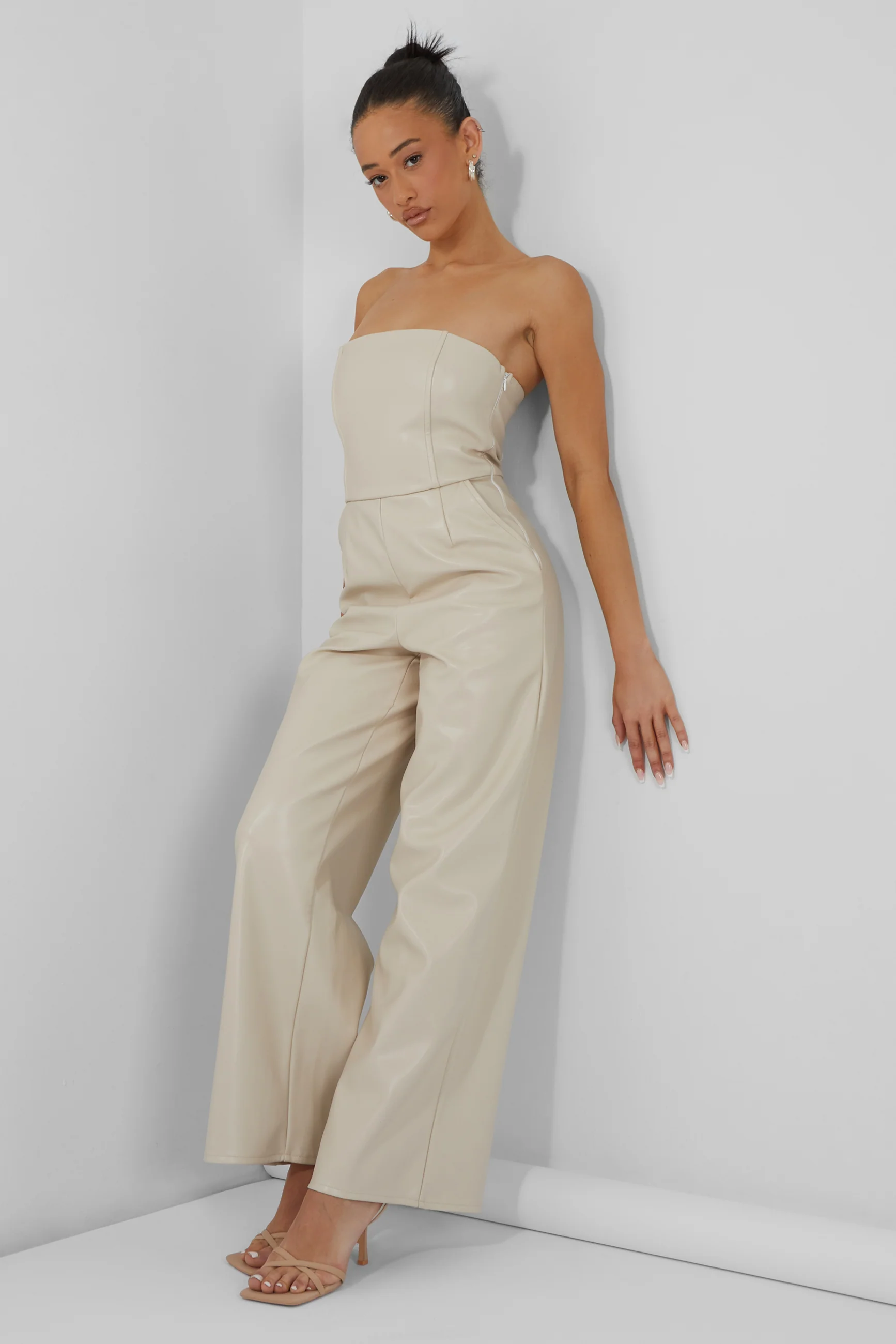 Bandeau Tailored Wide Leg Jumpsuit Stone - Image 4