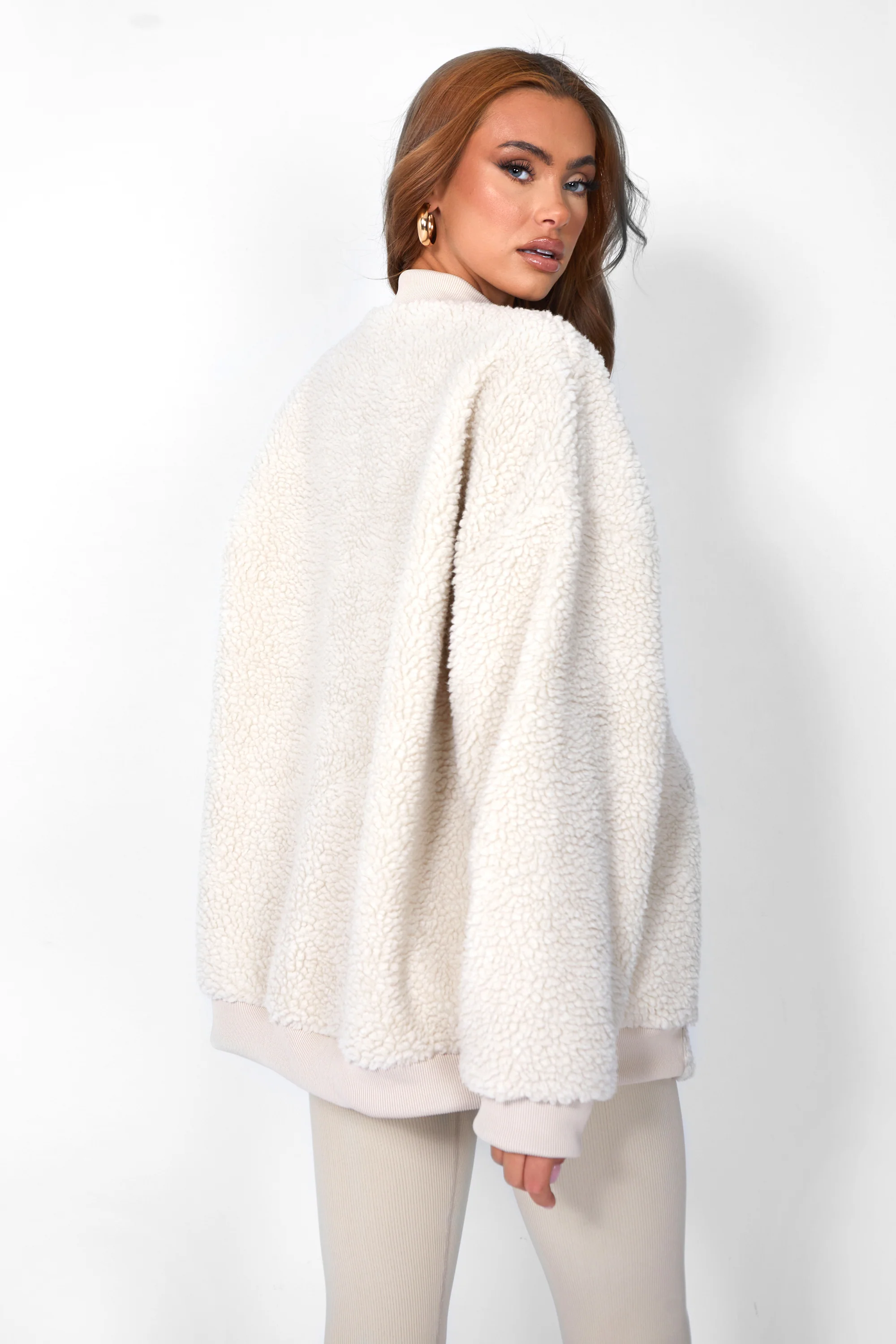 Borg Oversized Bomber Jacket Cream - Image 4