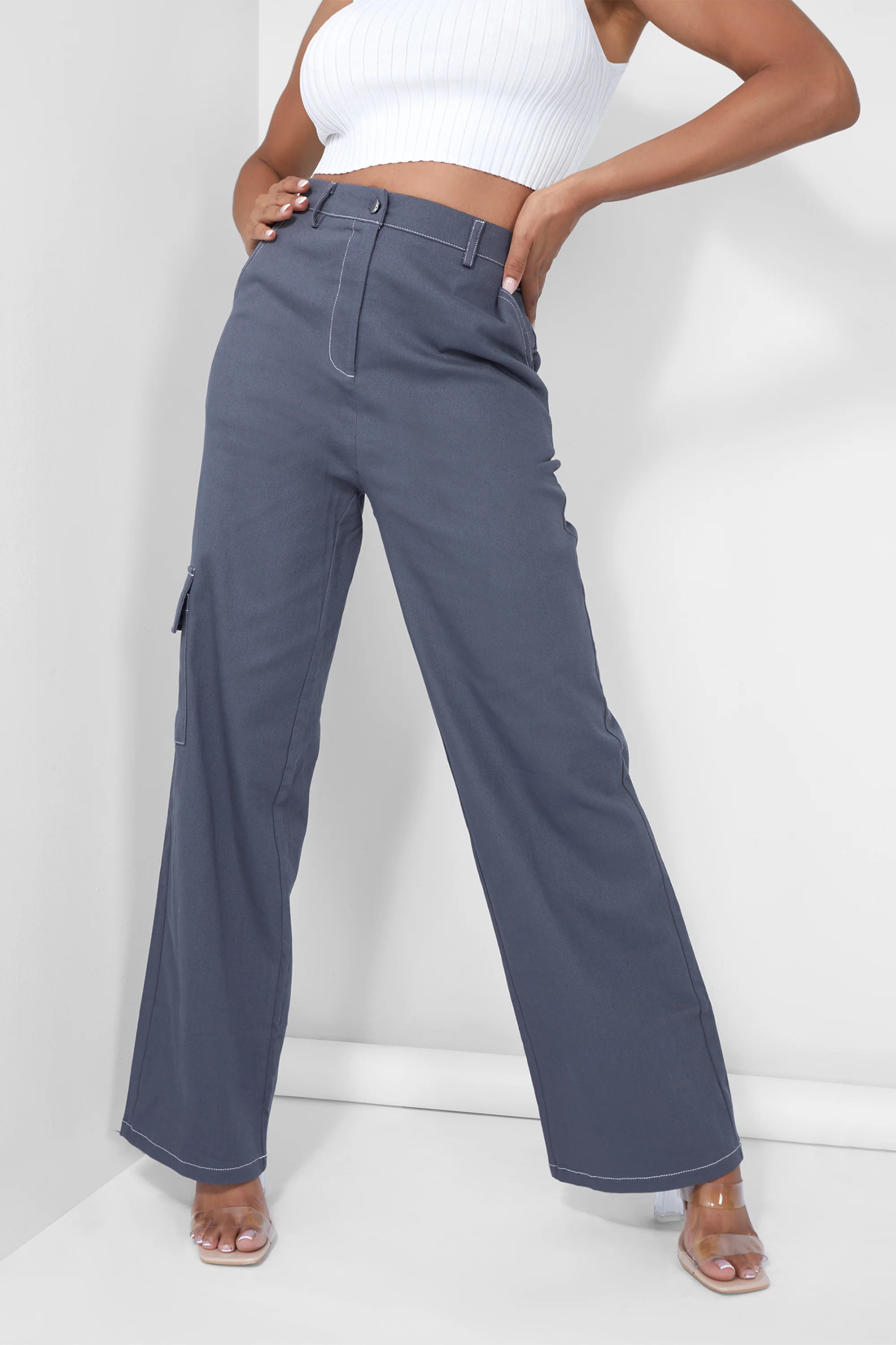 Denim Contrast Stitch Cargo Jeans Grey - Image 6