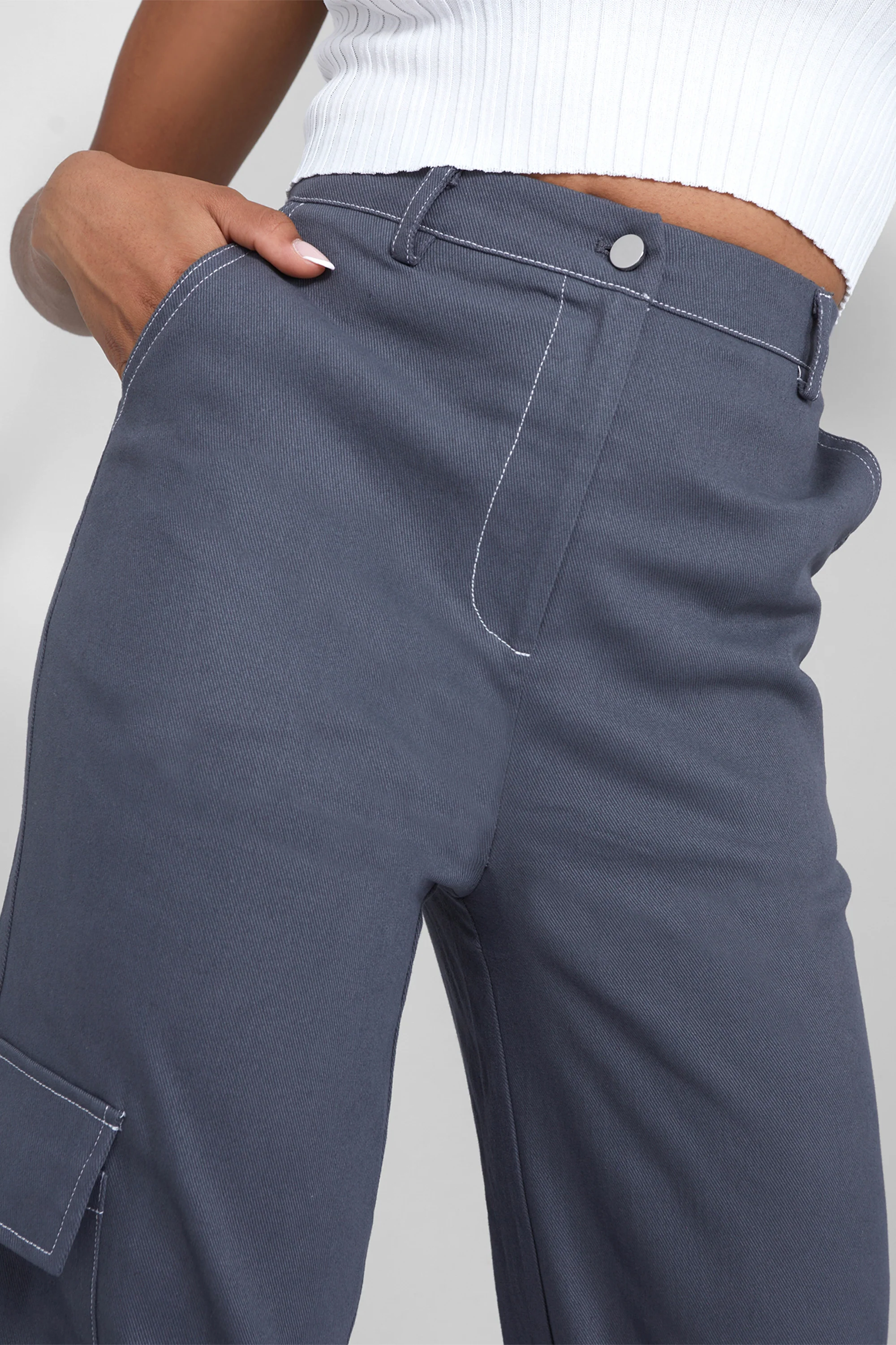 Denim Contrast Stitch Cargo Jeans Grey - Image 7