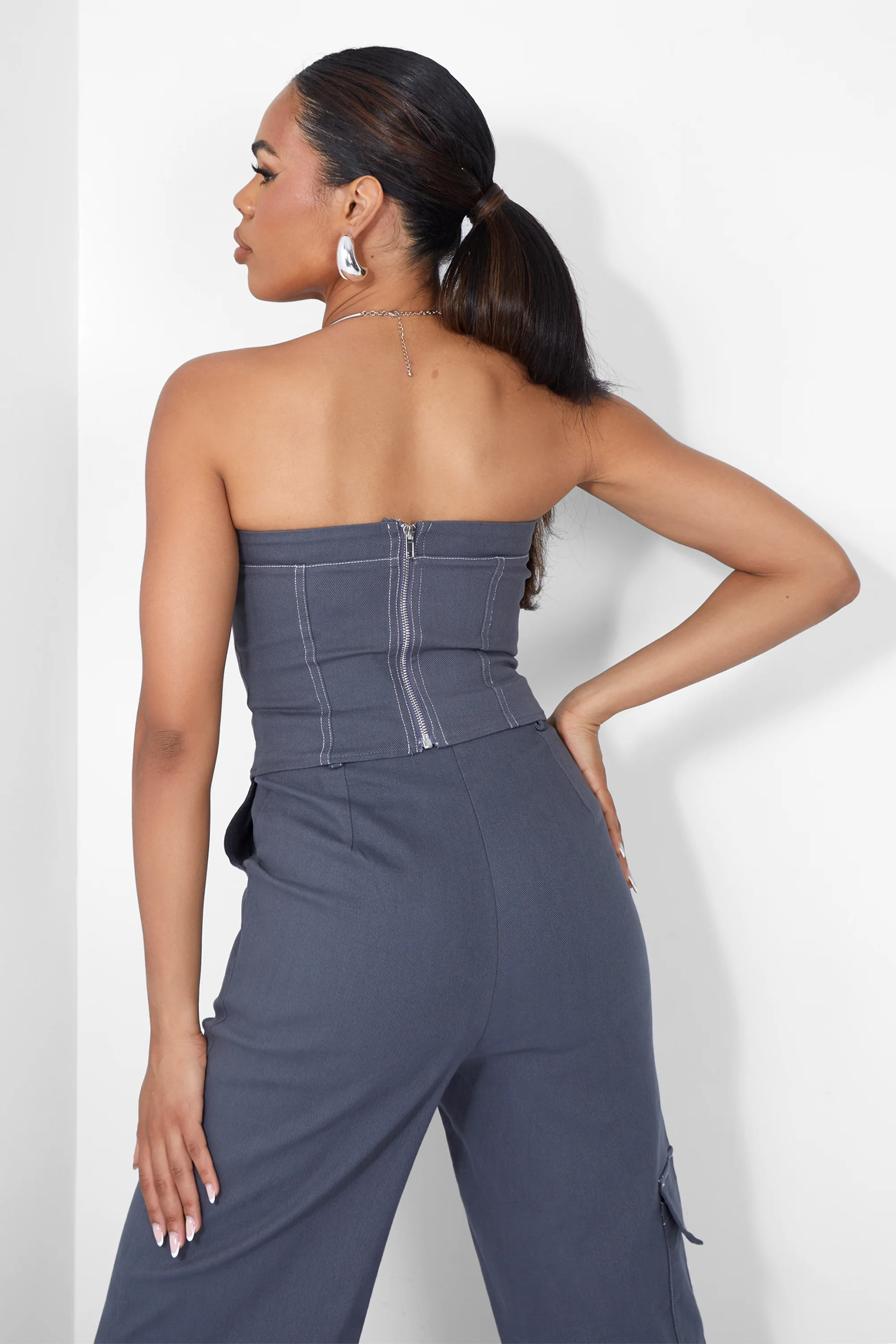 Denim Contrast Stitch Cargo Jeans Grey - Image 9