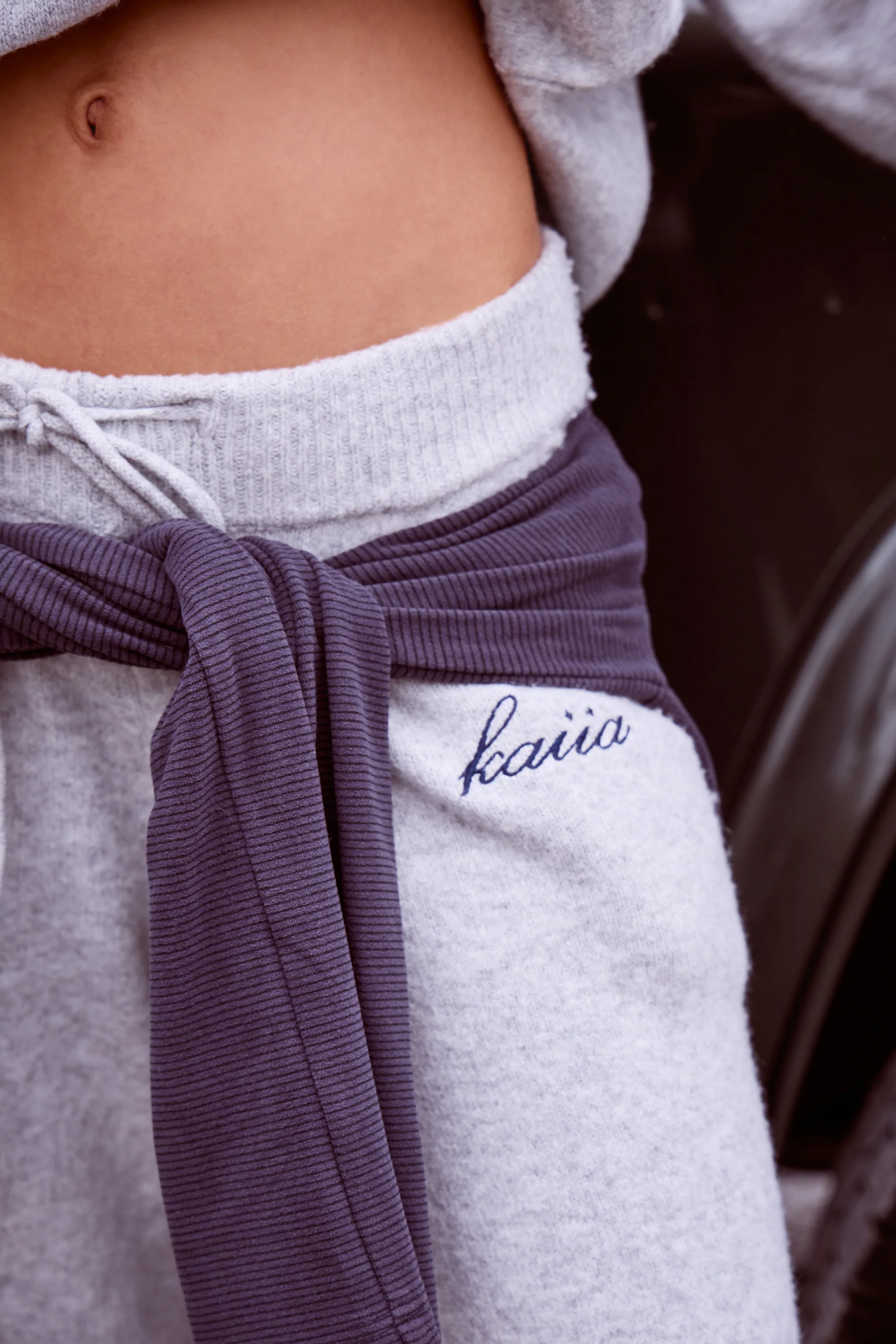 Kaiia Script Knit Drawstring Wide Leg Trousers Light Grey - Image 2