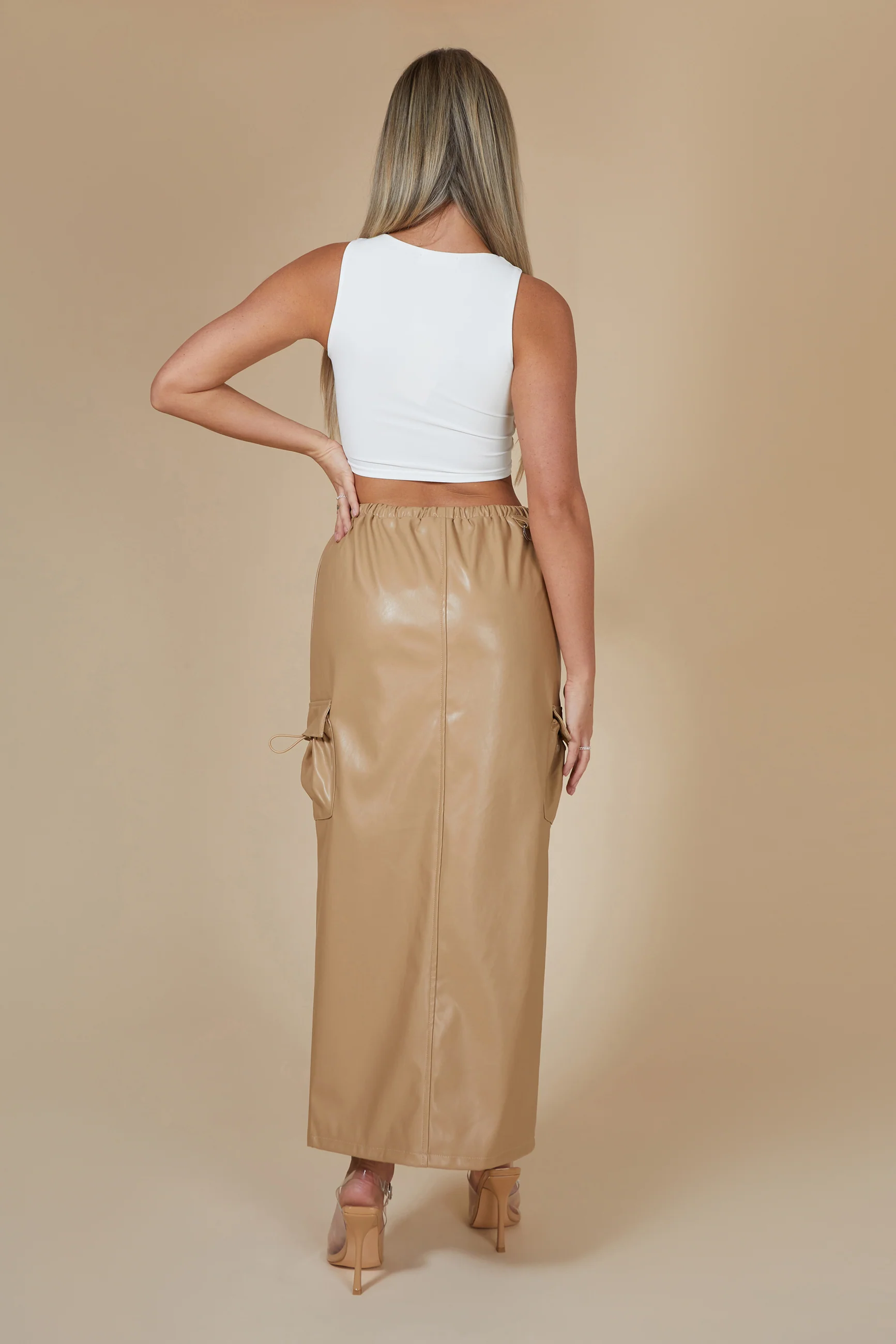 Faux Leather Pocket Detail Cargo Maxi Skirt Camel - Image 3