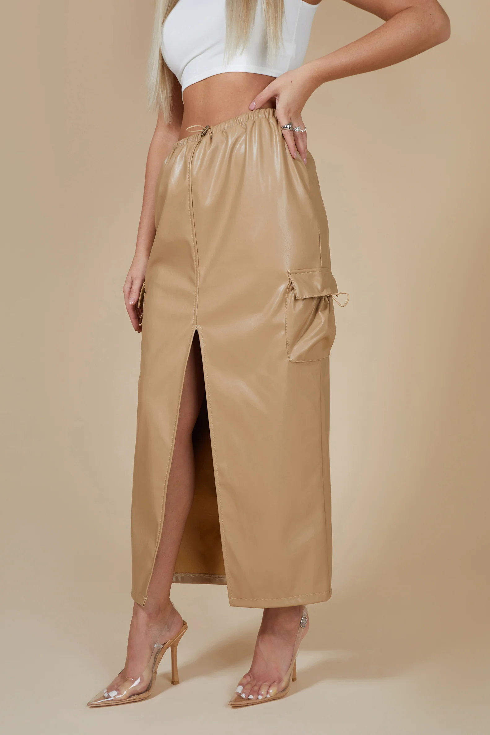 Faux Leather Pocket Detail Cargo Maxi Skirt Camel - Image 4