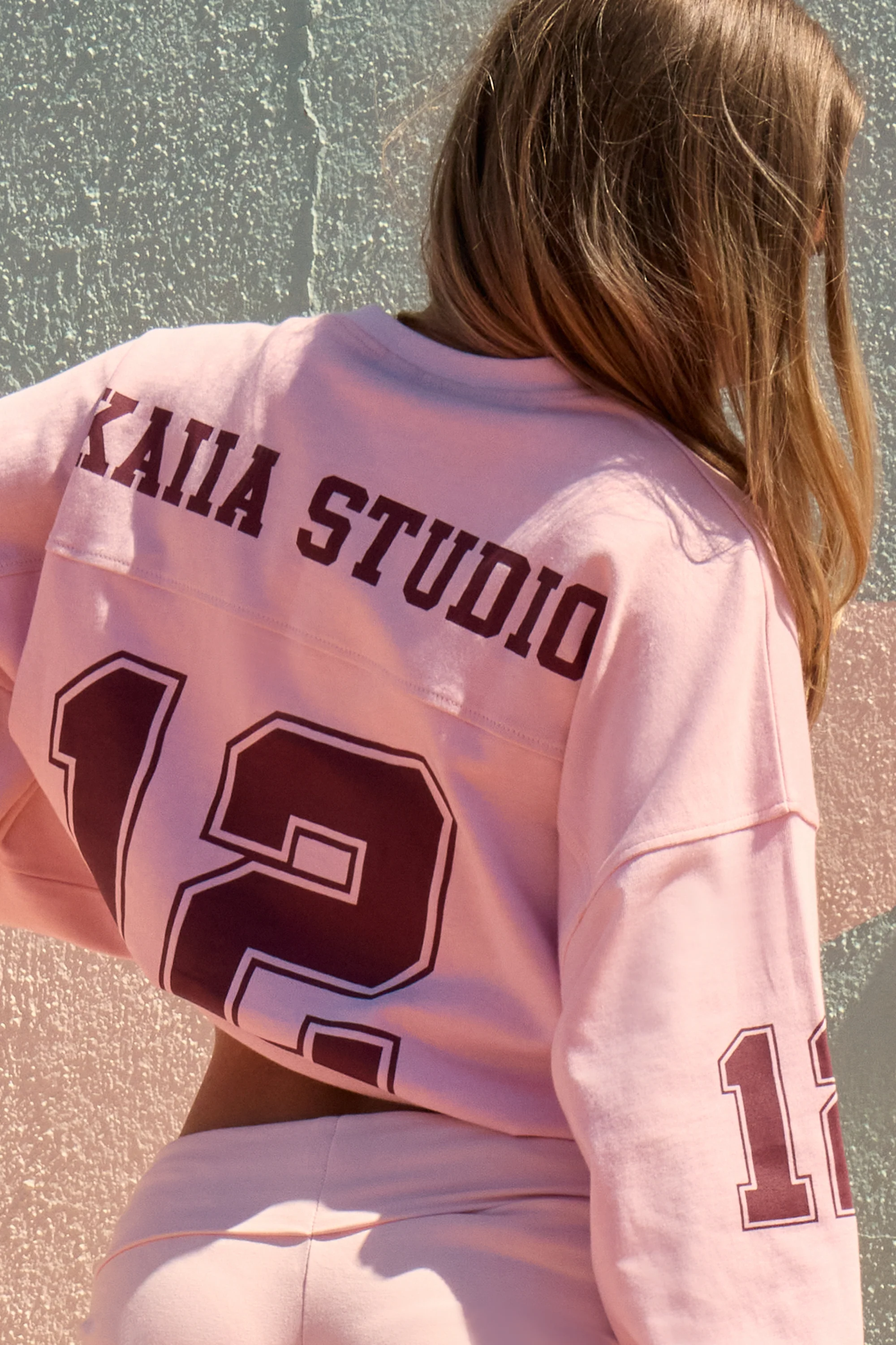 Kaiia 12 Graphic Oversized Football Top Baby Pink & Burgundy - Image 4