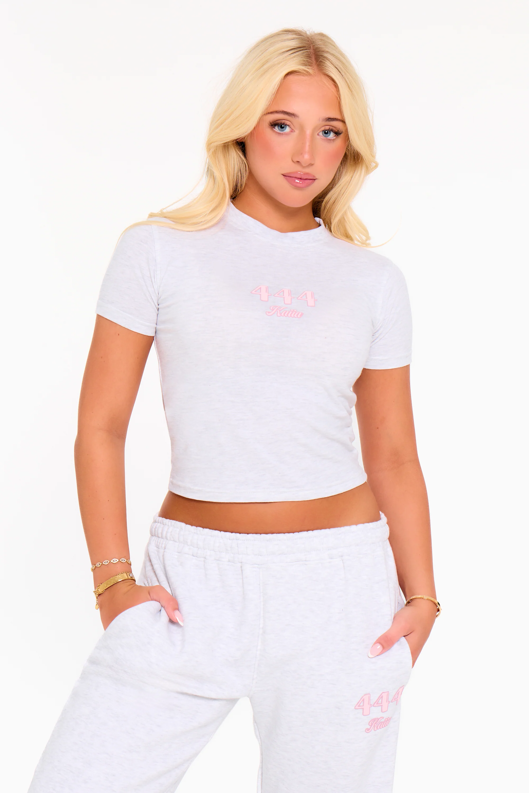 Kaiia 444 Baby Tee Light Grey Marl & Pink - Image 3
