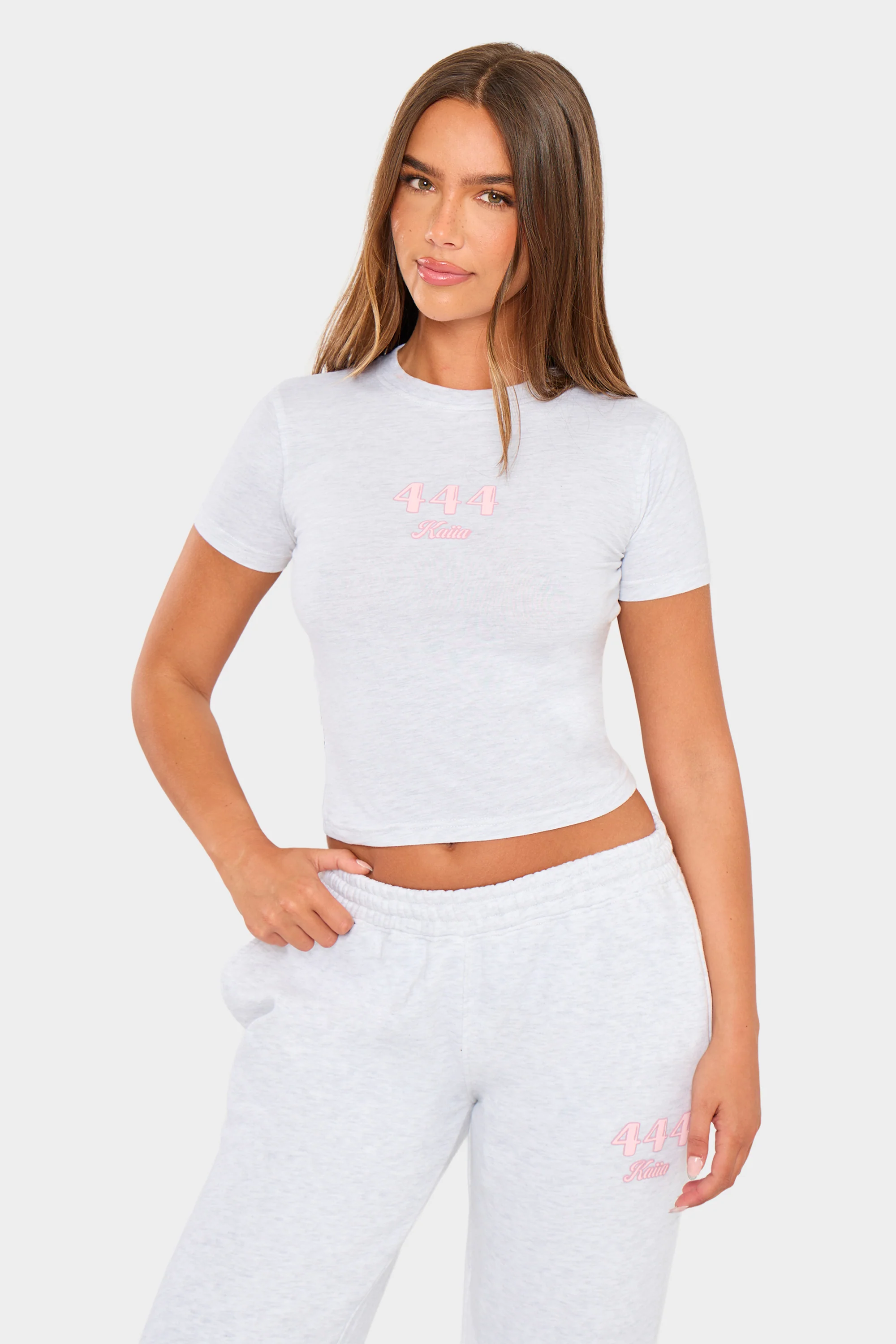 Kaiia 444 Baby Tee Light Grey Marl & Pink - Image 4