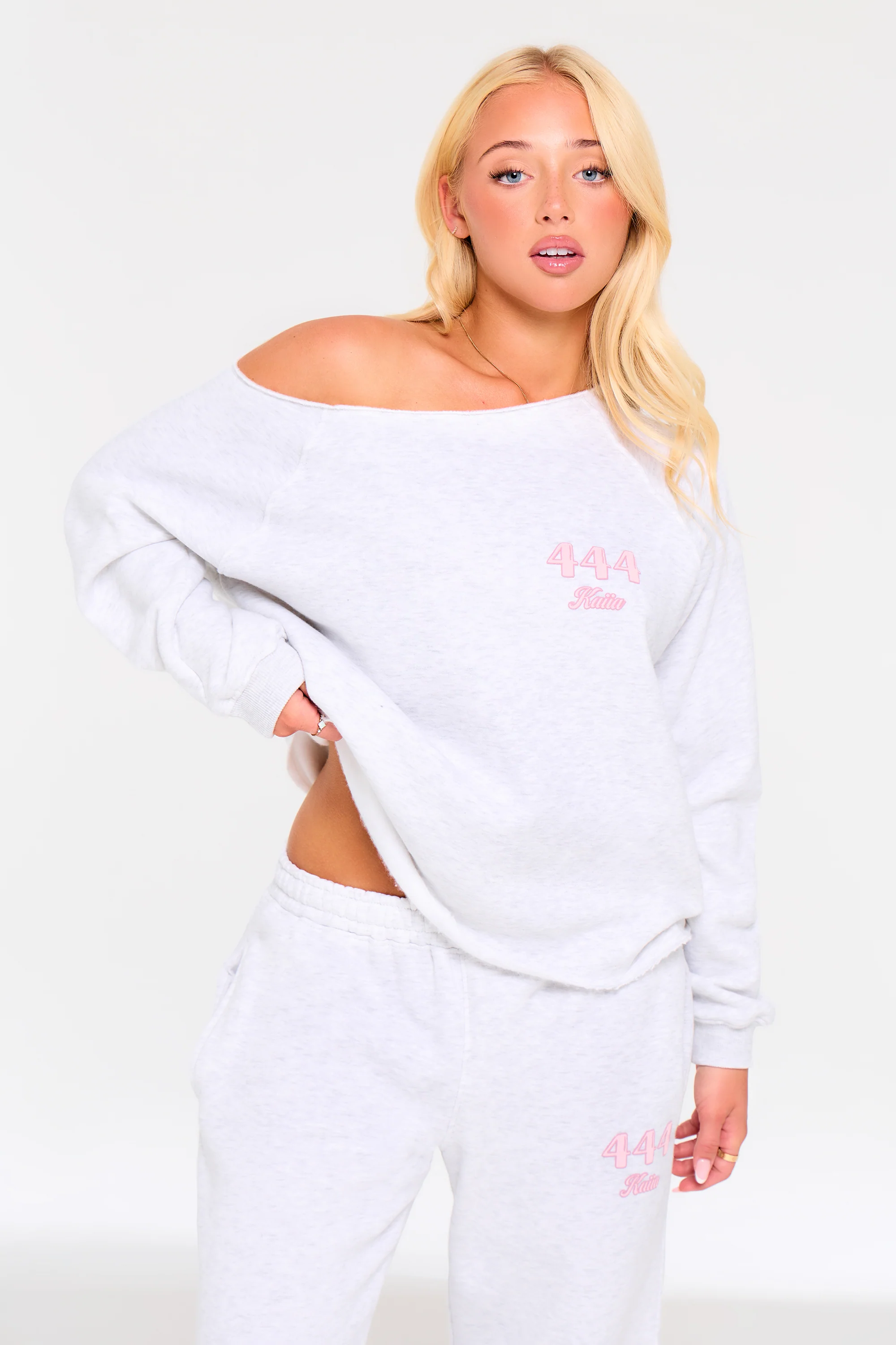 Kaiia 444 Off the Shoulder Sweatshirt Light Grey Marl & Pink - Image 2