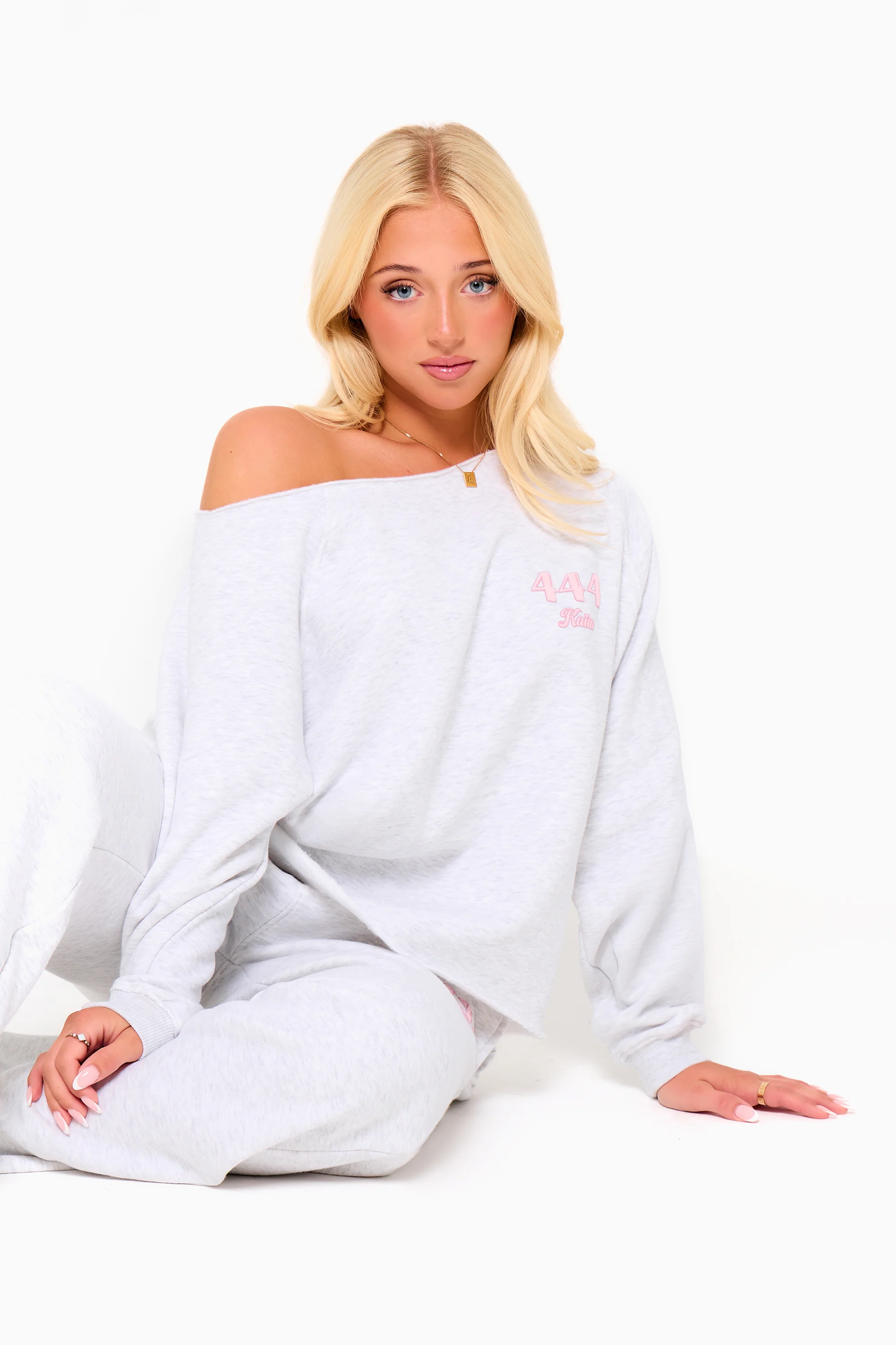 Kaiia 444 Off the Shoulder Sweatshirt Light Grey Marl & Pink - Image 4