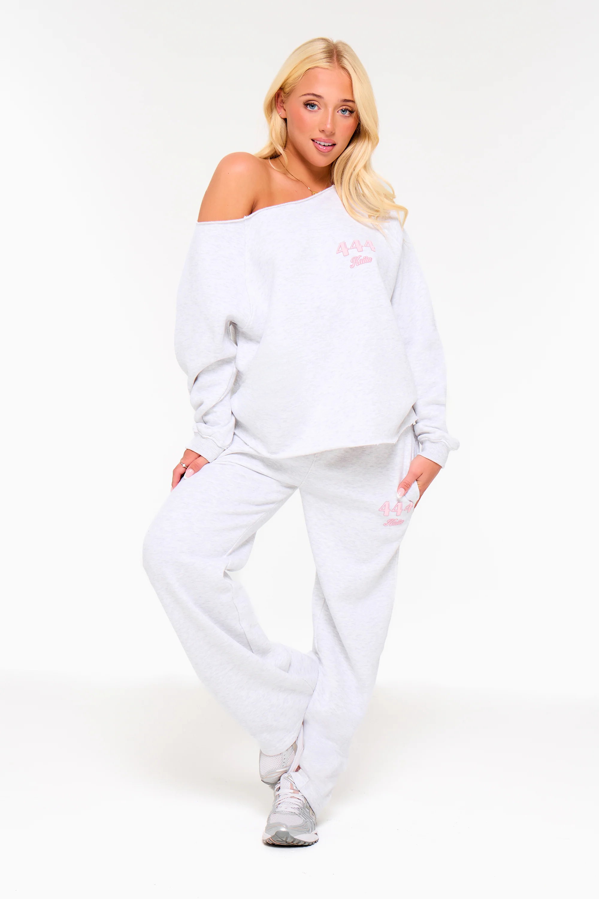 Kaiia 444 Off the Shoulder Sweatshirt Light Grey Marl & Pink - Image 5