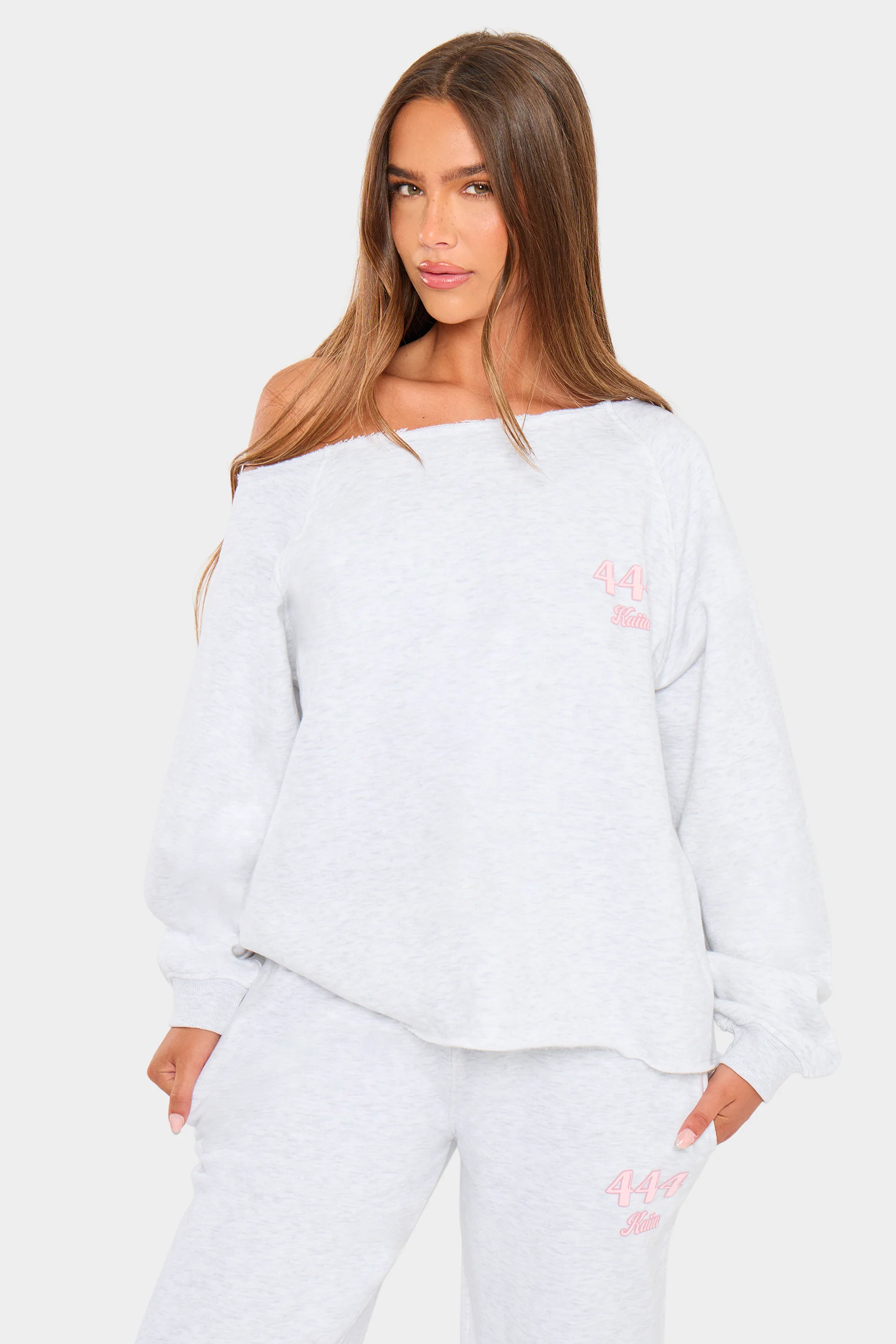 Kaiia 444 Off the Shoulder Sweatshirt Light Grey Marl & Pink - Image 6