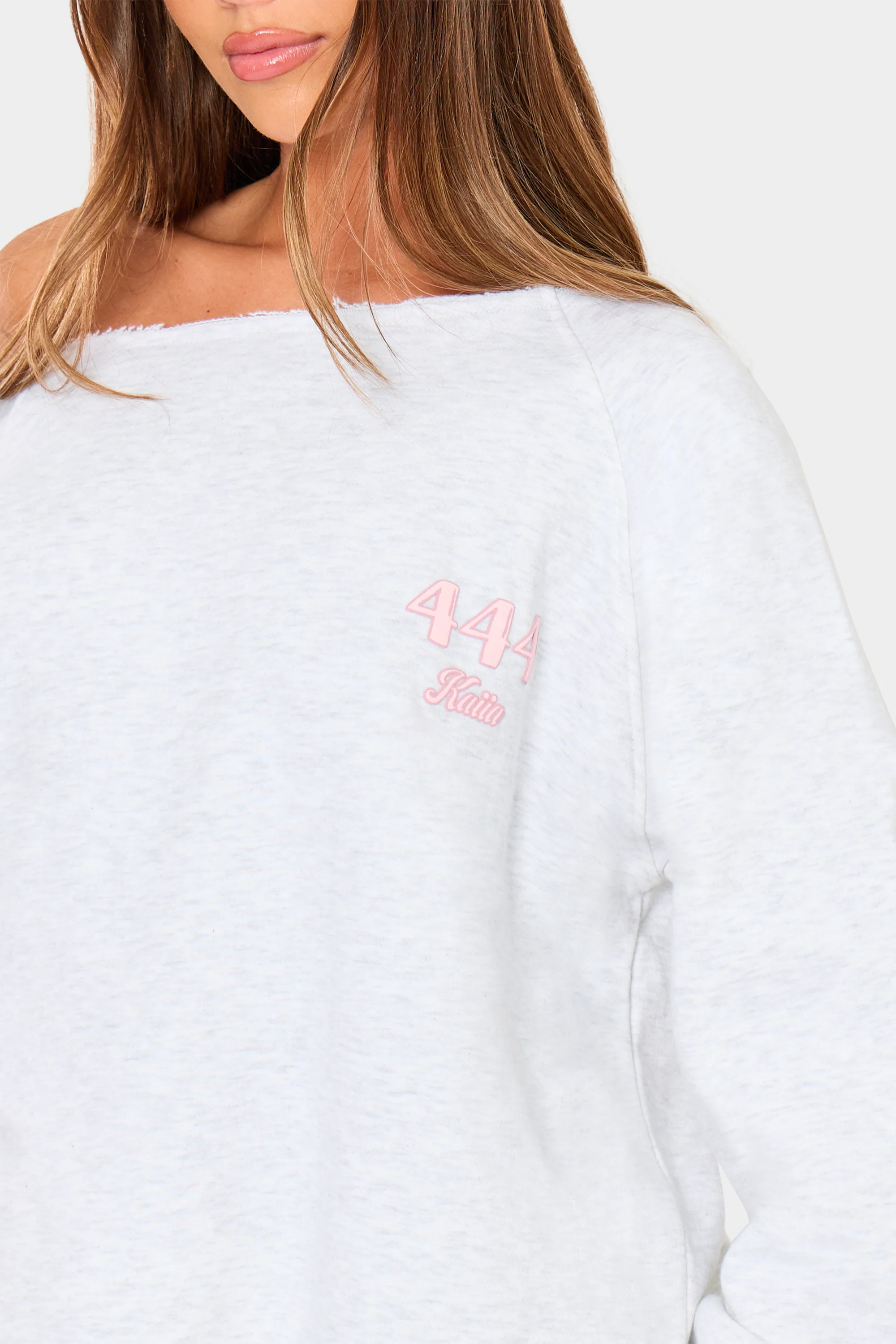 Kaiia 444 Off the Shoulder Sweatshirt Light Grey Marl & Pink - Image 7