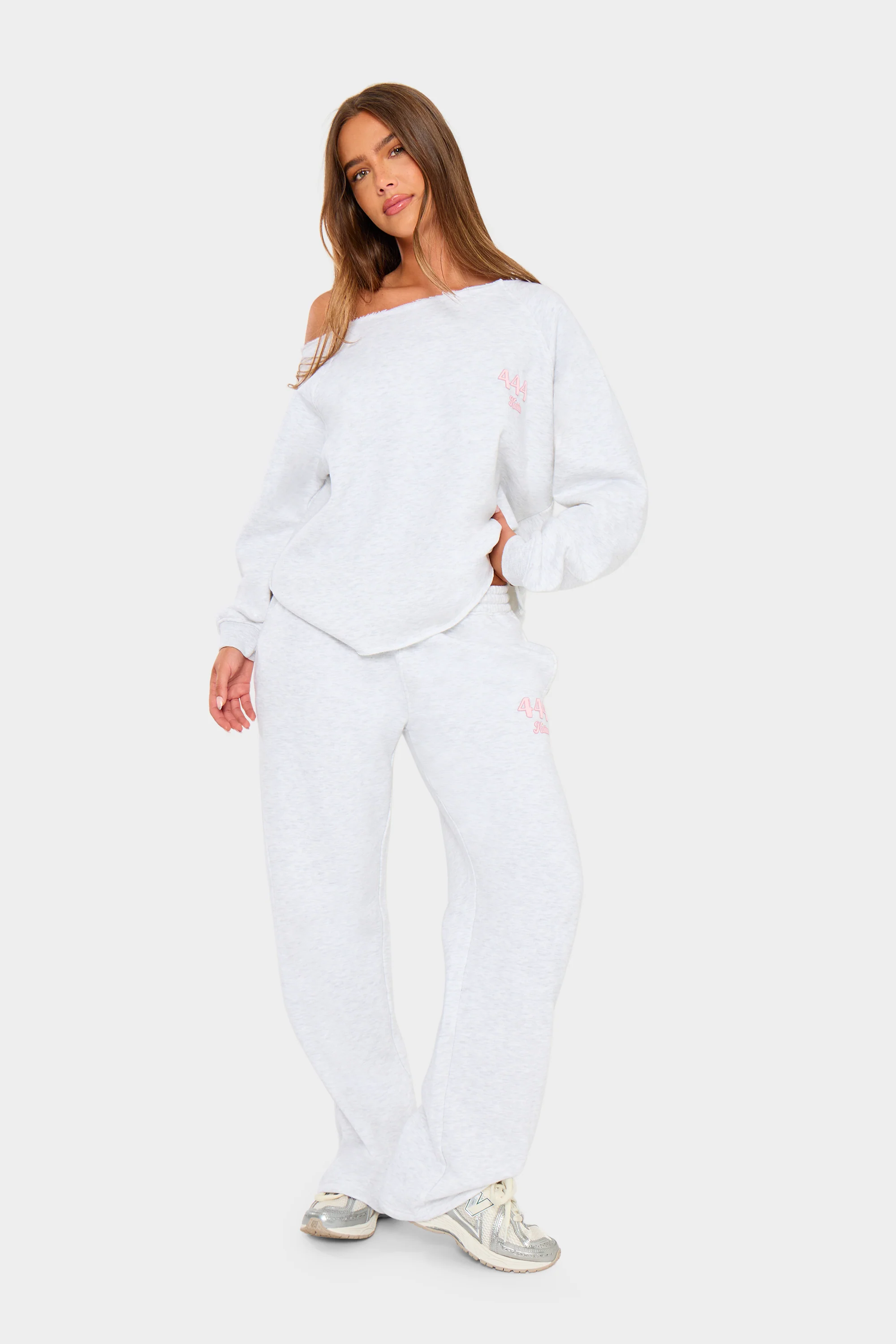 Kaiia 444 Off the Shoulder Sweatshirt Light Grey Marl & Pink - Image 8