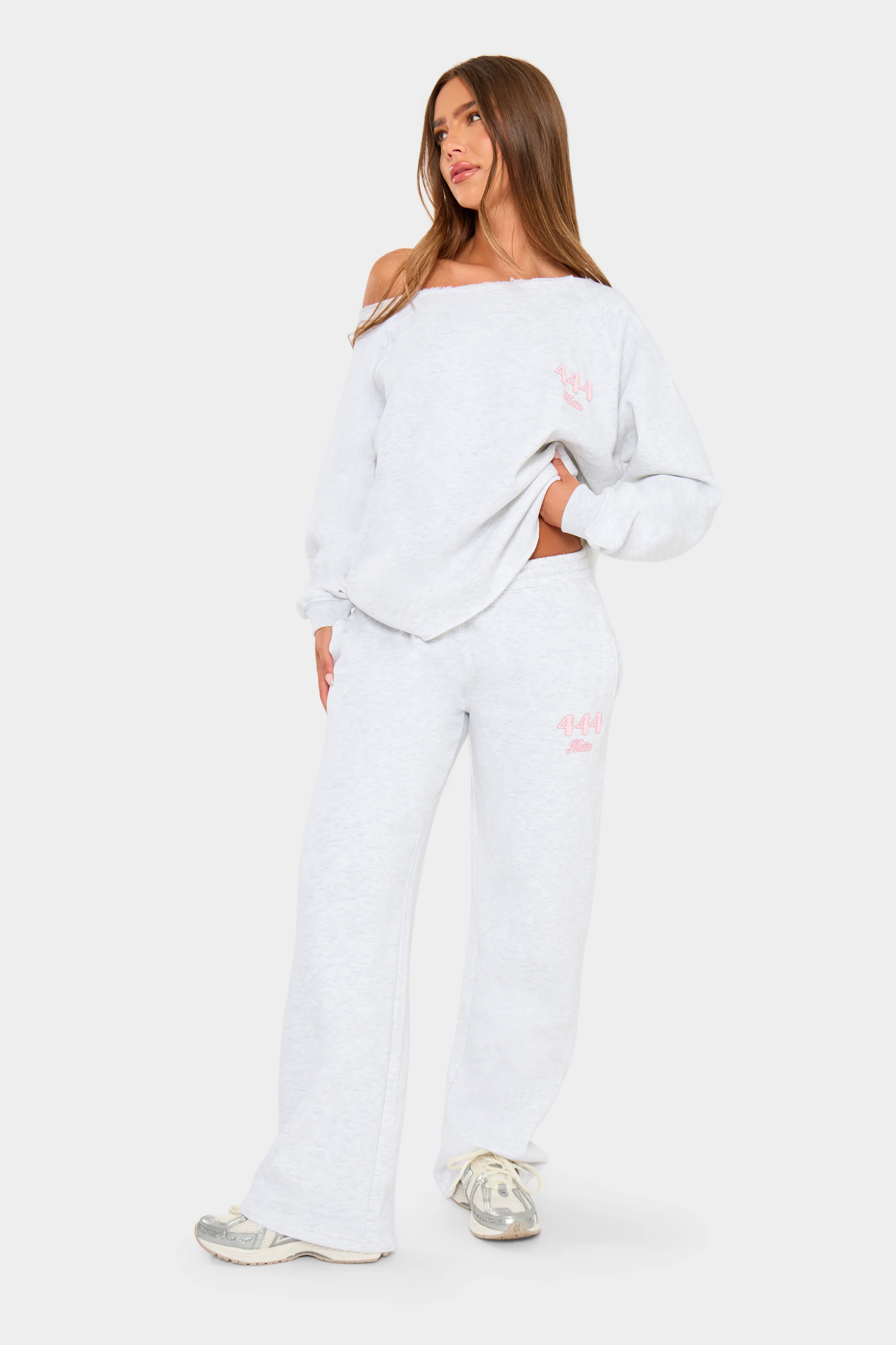 Kaiia 444 Wide Leg Joggers Light Grey Marl & Pink - Image 4