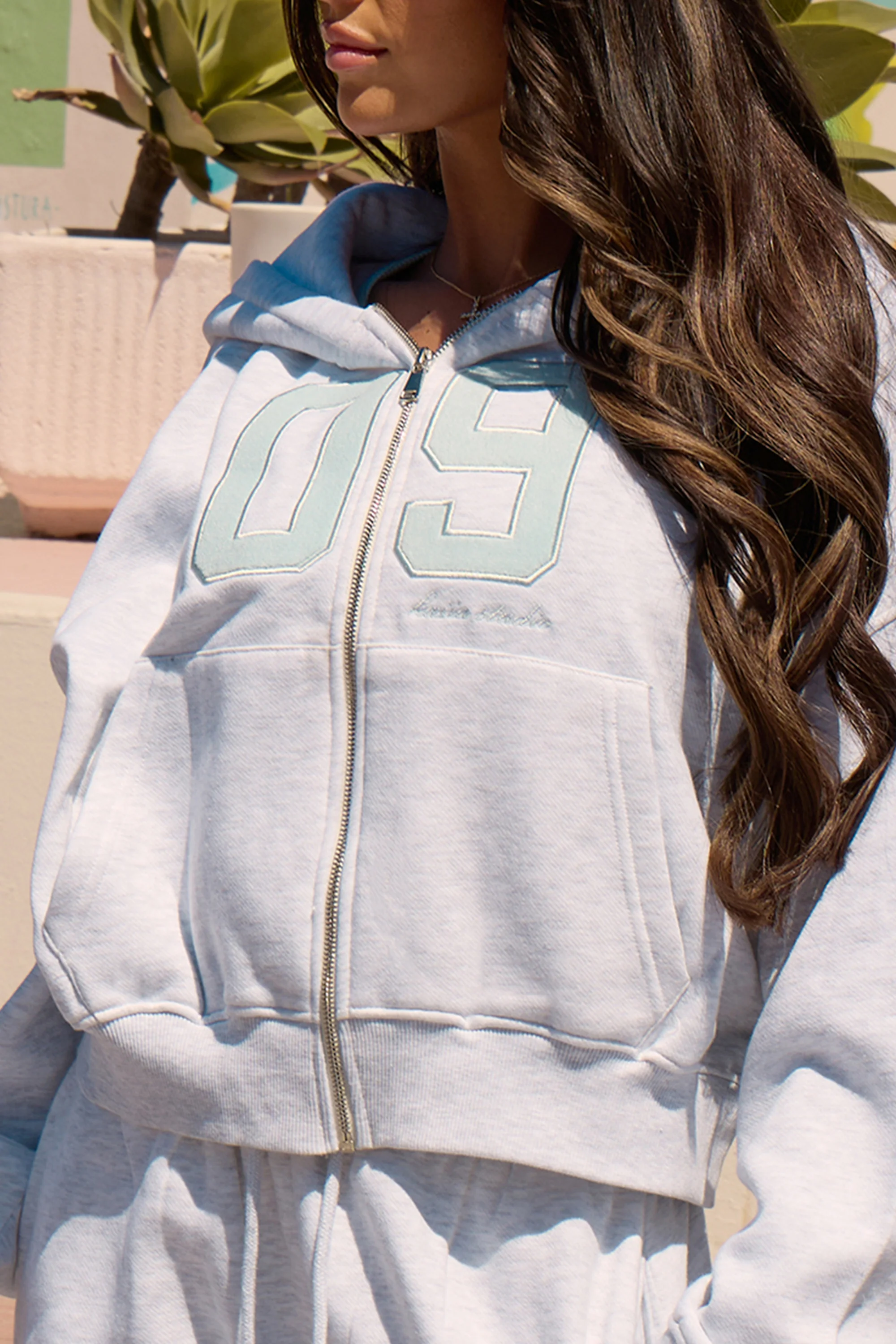 Kaiia 9 Graphic Oversized Zip Through Hoodie Light Grey Marl & Baby Blue - Image 3