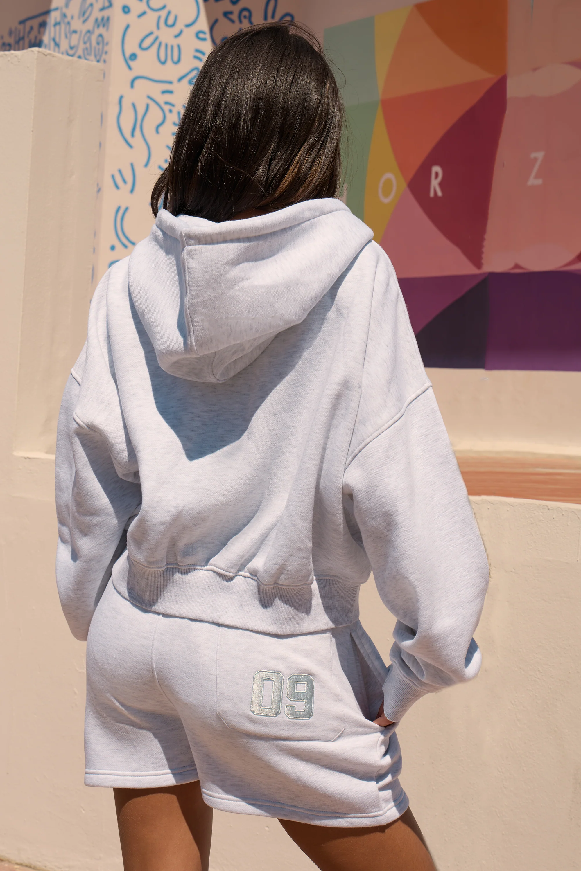 Kaiia 9 Graphic Oversized Zip Through Hoodie Light Grey Marl & Baby Blue - Image 4
