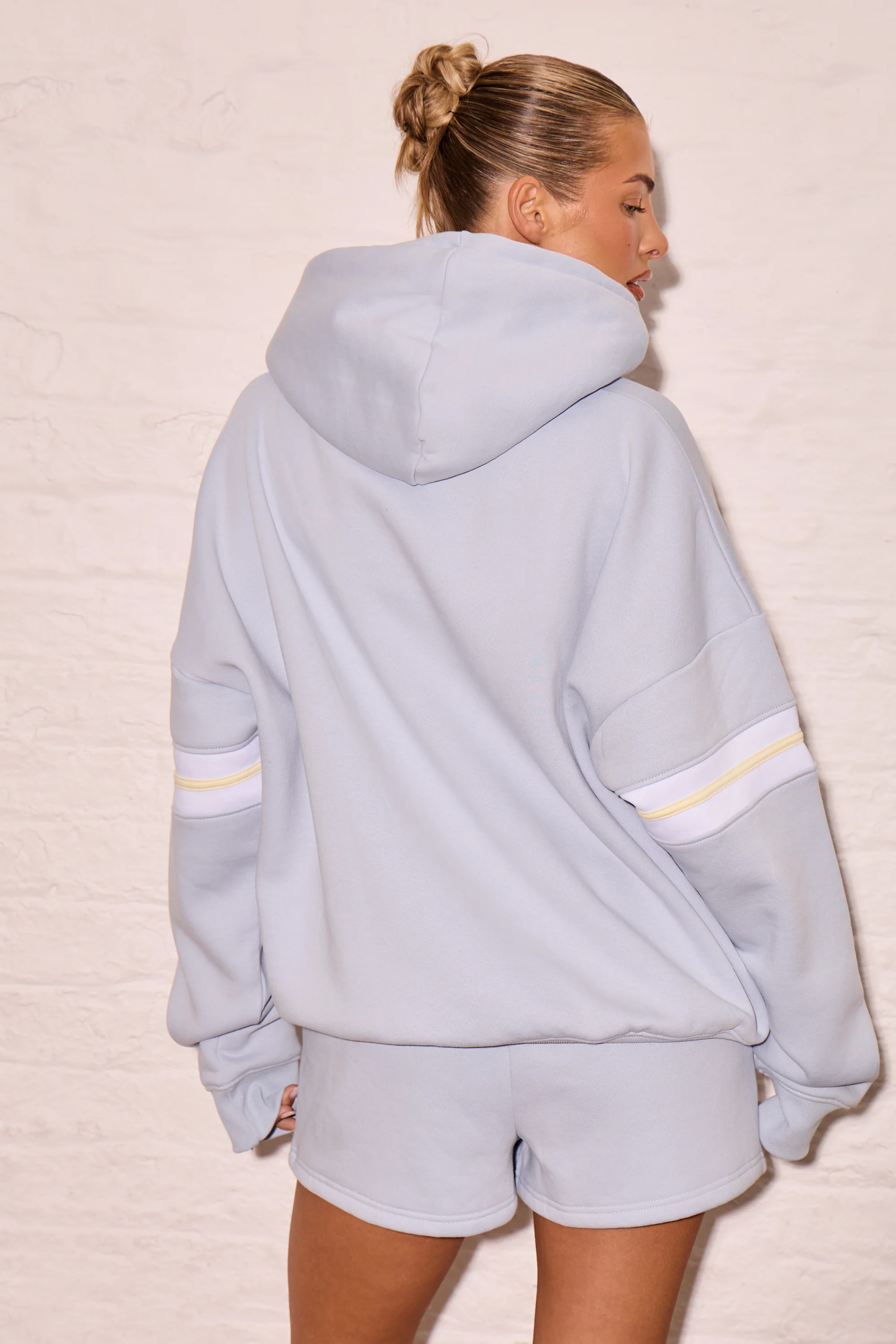 Kaiia Arm Detail Oversized Hoodie Dusty Blue & Lemon - Image 4