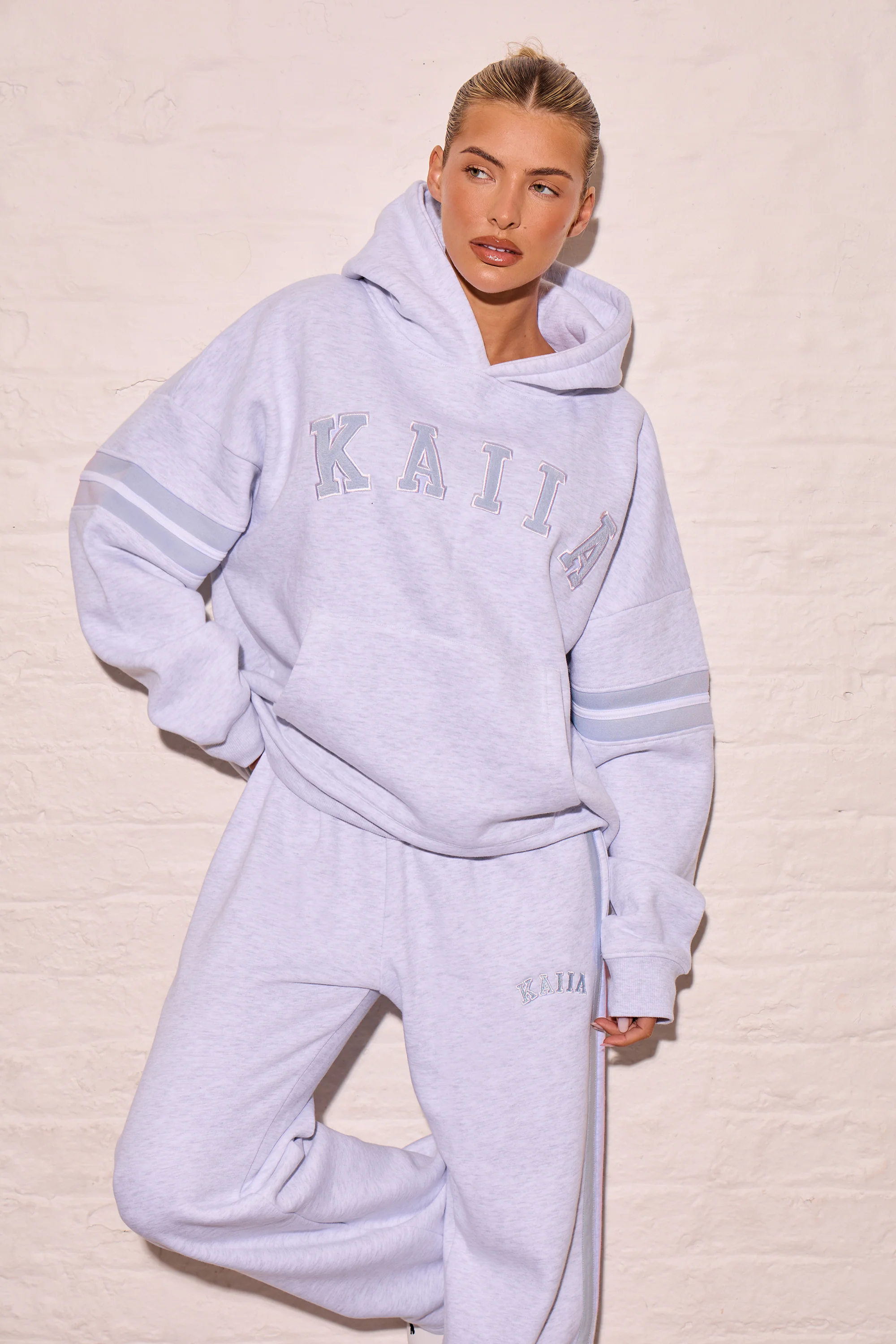 Kaiia Arm Detail Oversized Hoodie Light Grey Marl & Dusty Blue
