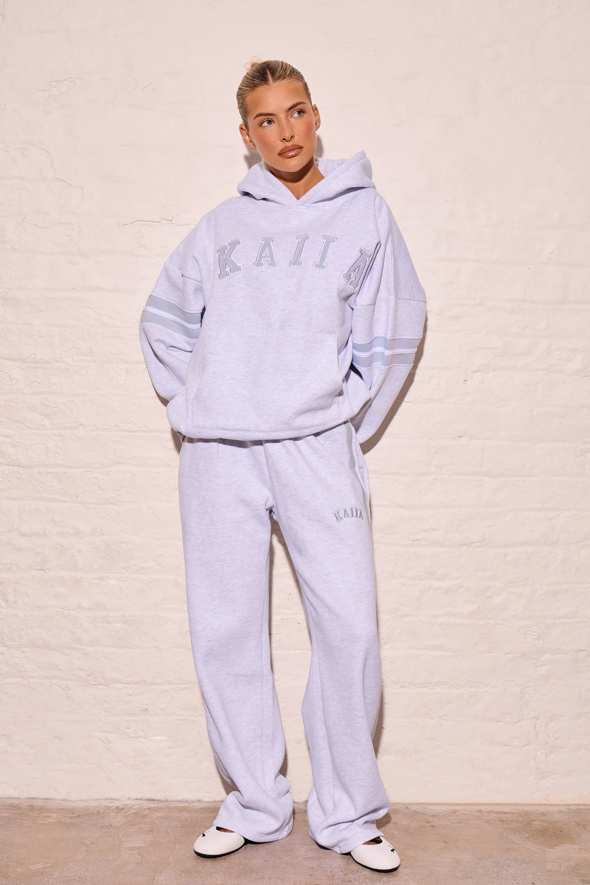 Kaiia Arm Detail Oversized Hoodie Light Grey Marl & Dusty Blue - Image 3