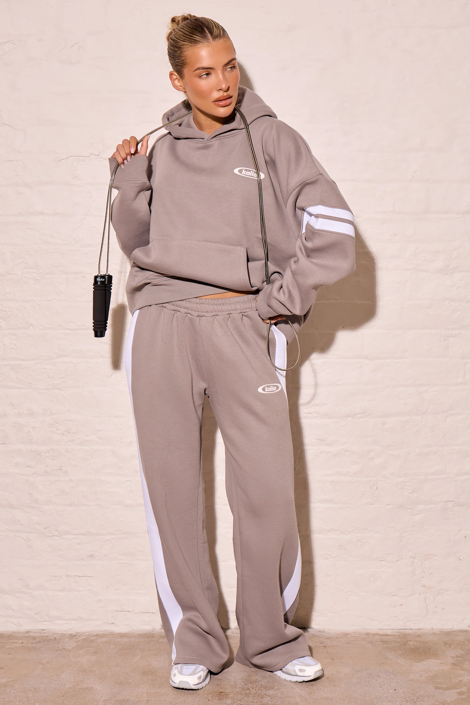 Kaiia Arm Detail Oversized Hoodie Mist Grey & Cream - Image 3