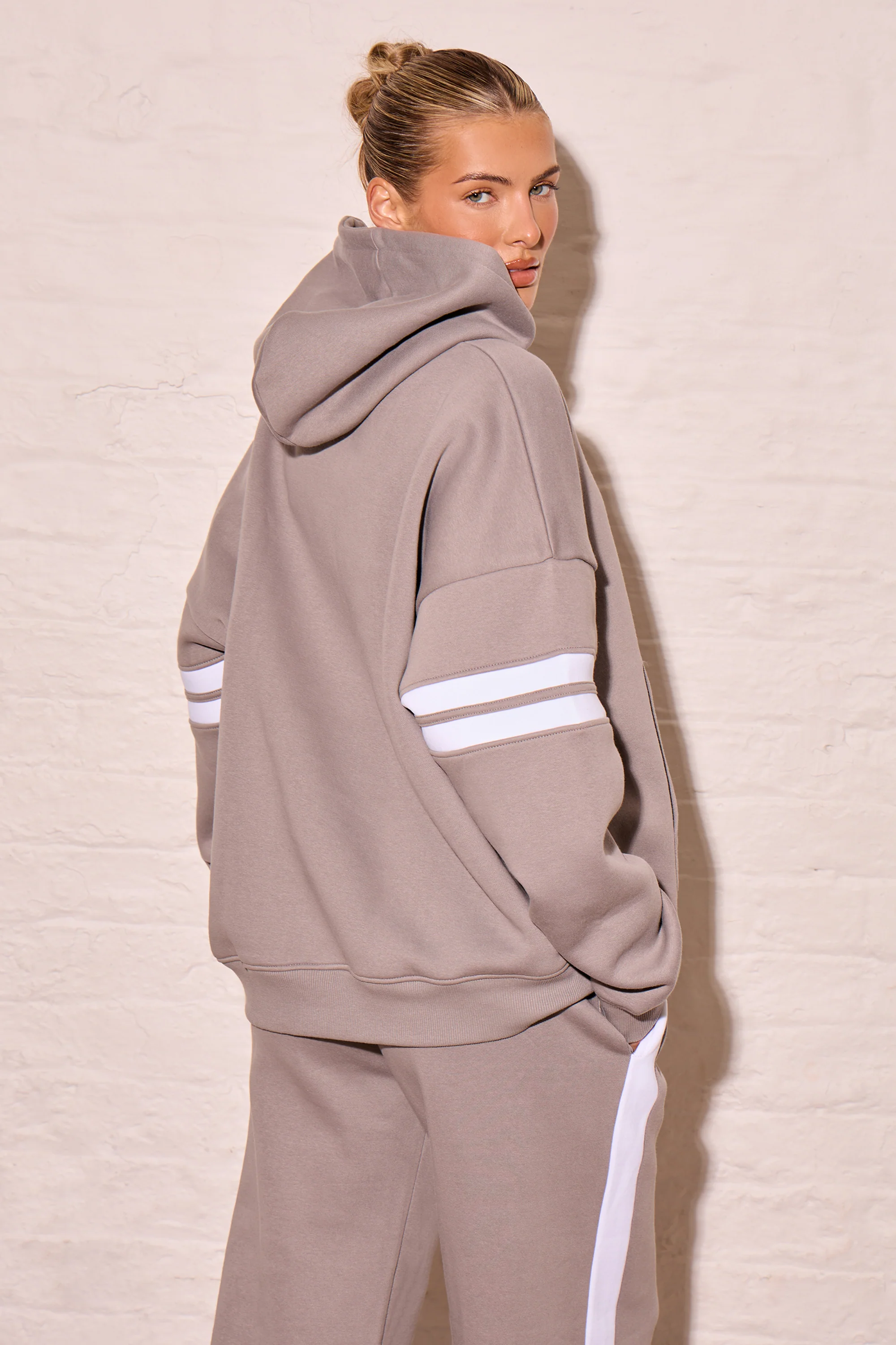 Kaiia Arm Detail Oversized Hoodie Mist Grey & Cream - Image 4