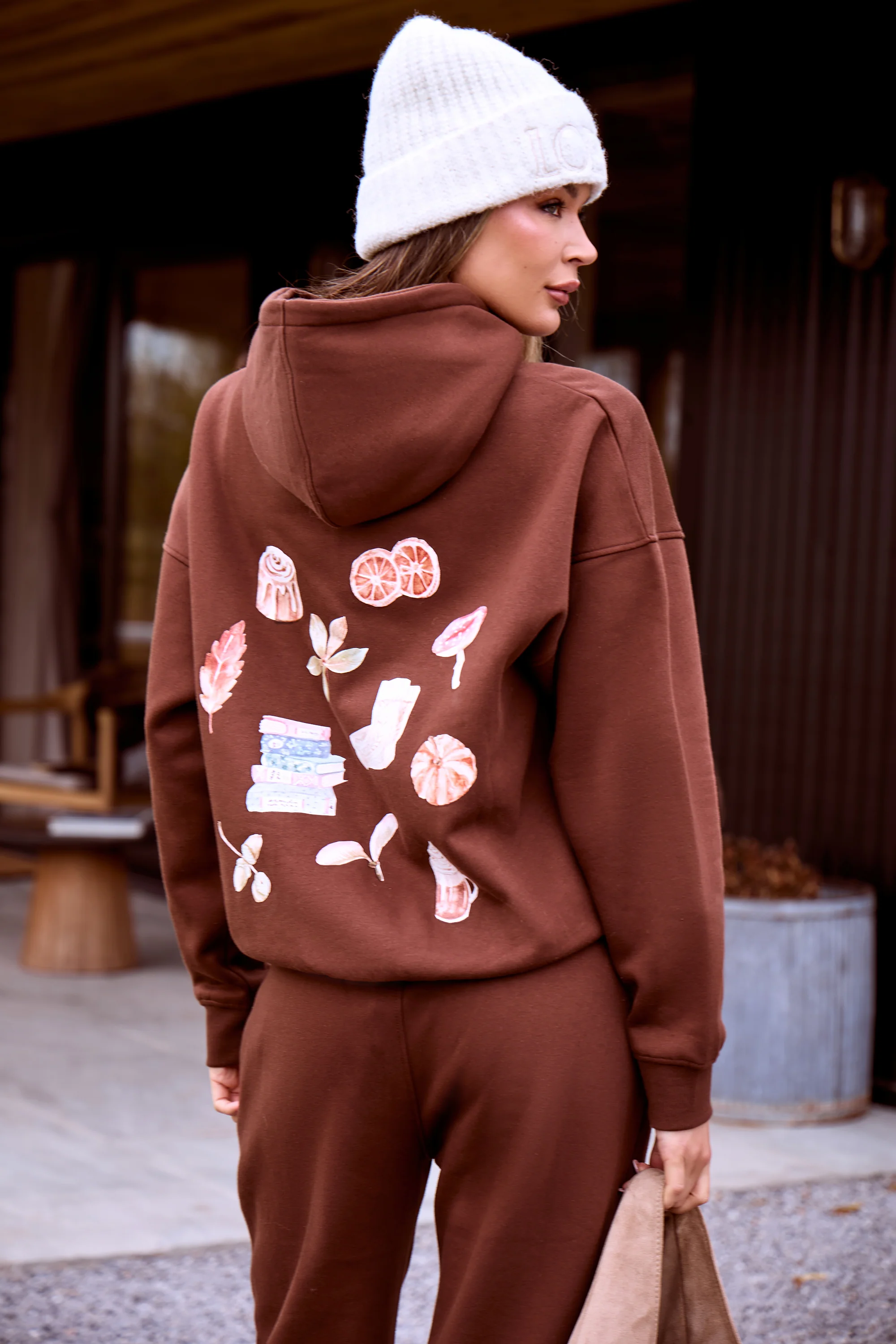 Kaiia Cosy Back Graphic Oversized Hoodie Fudge