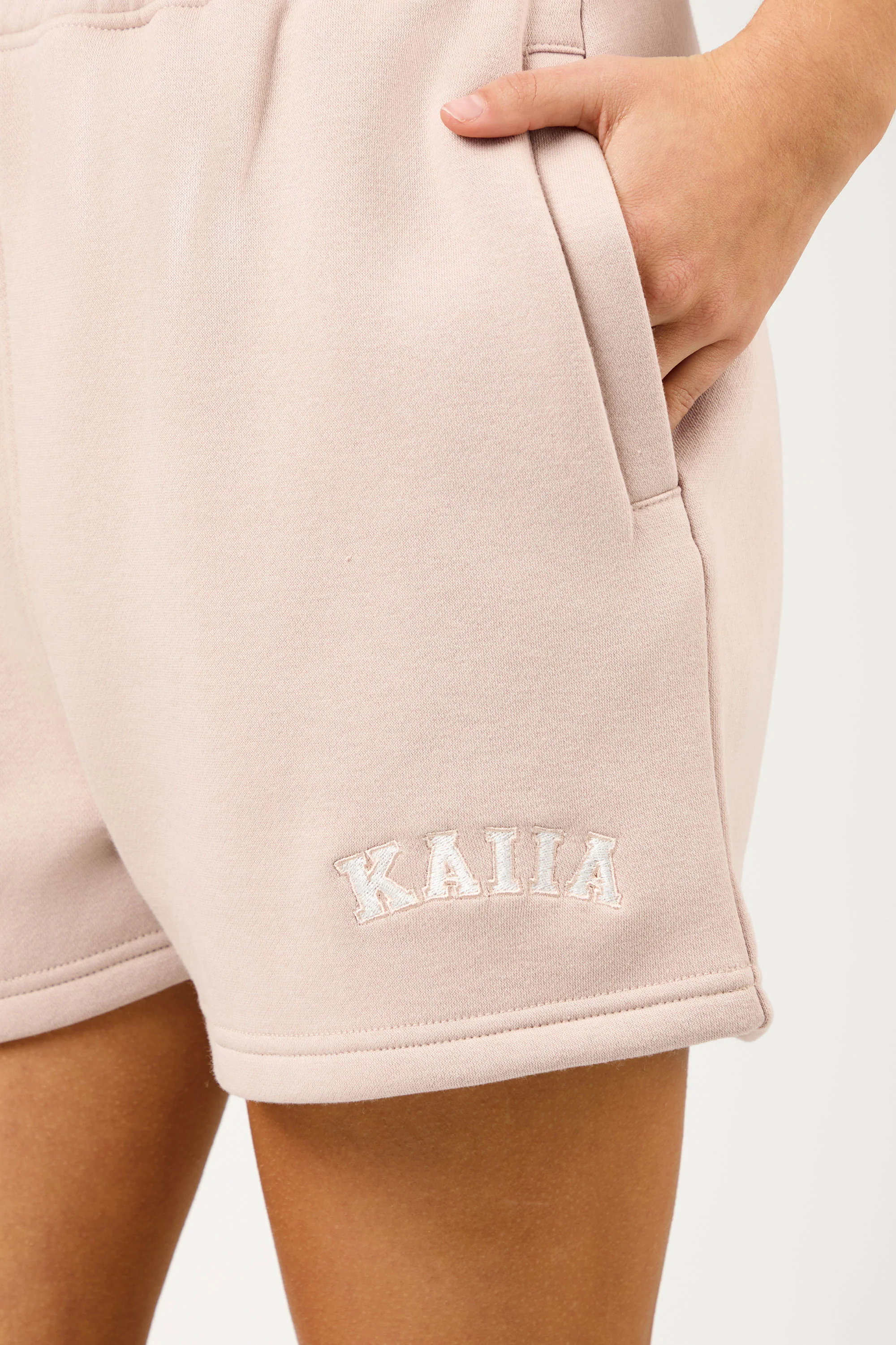 Kaiia Script Logo Mini Sweat Shorts Champagne & Crème - Image 4