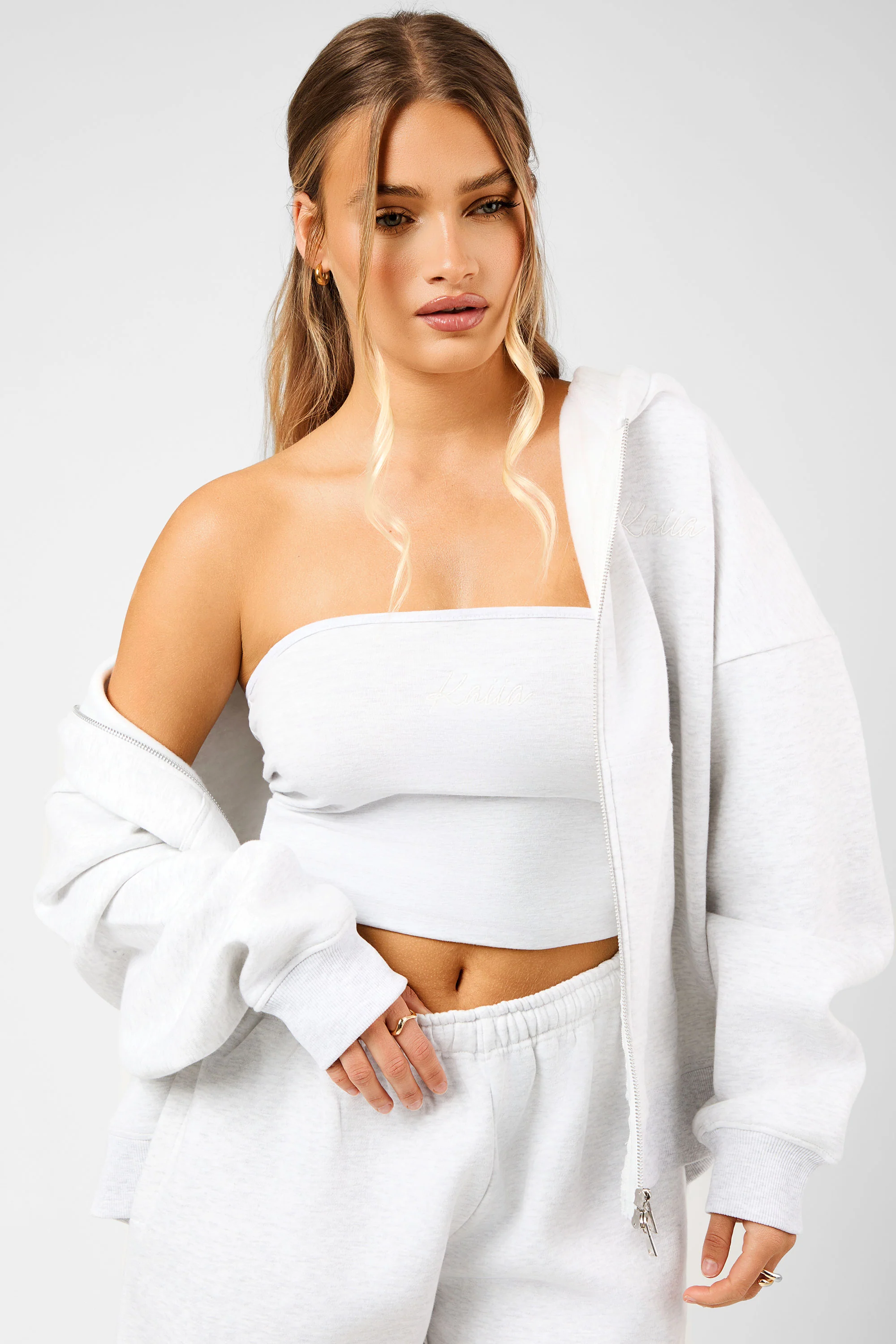Kaiia Script Logo Bandeau Crop Top Light Grey Marl - Image 4