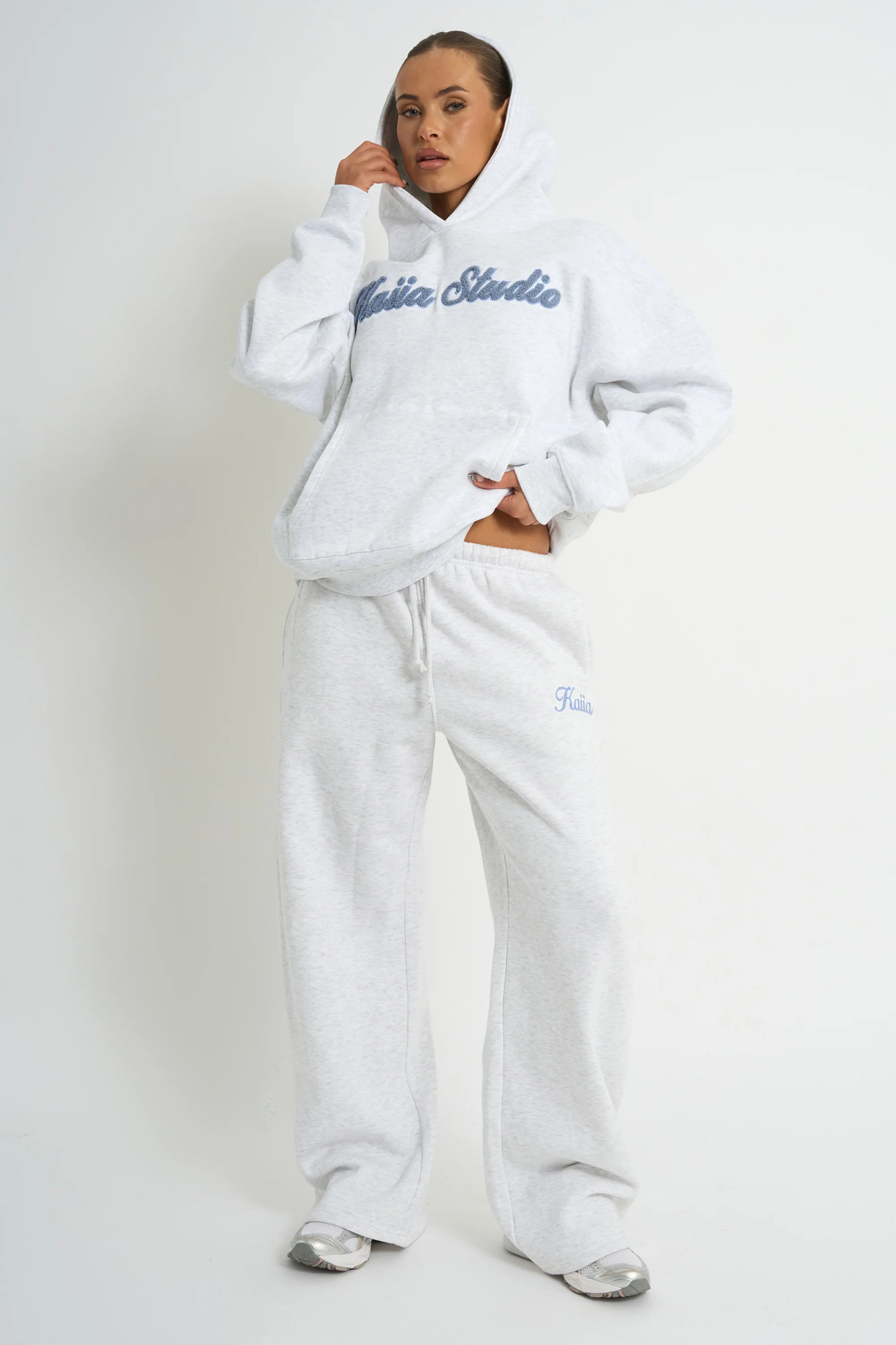 Kaiia Borg Script Logo Oversized Hoodie Light Grey Marl & Vintage Blue - Image 3