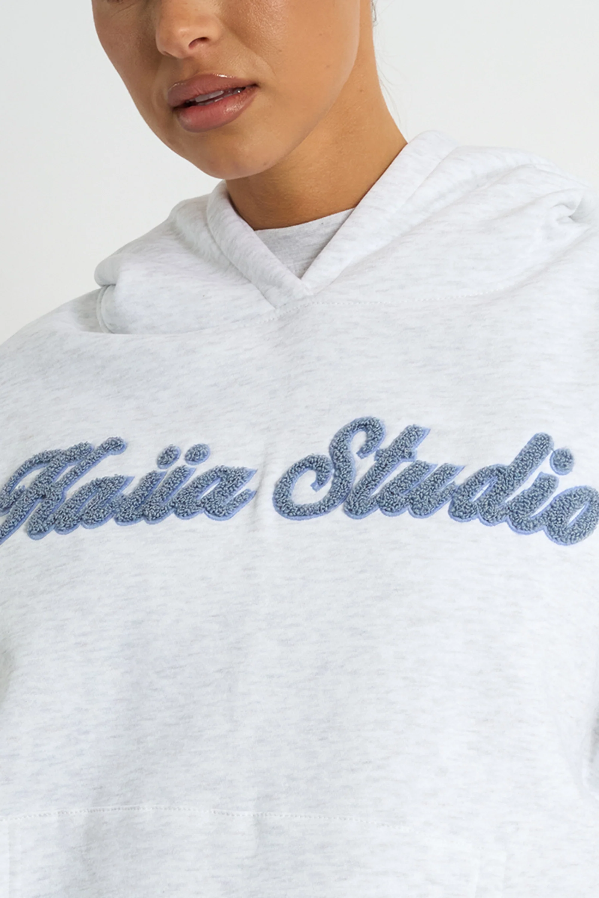 Kaiia Borg Script Logo Oversized Hoodie Light Grey Marl & Vintage Blue - Image 4