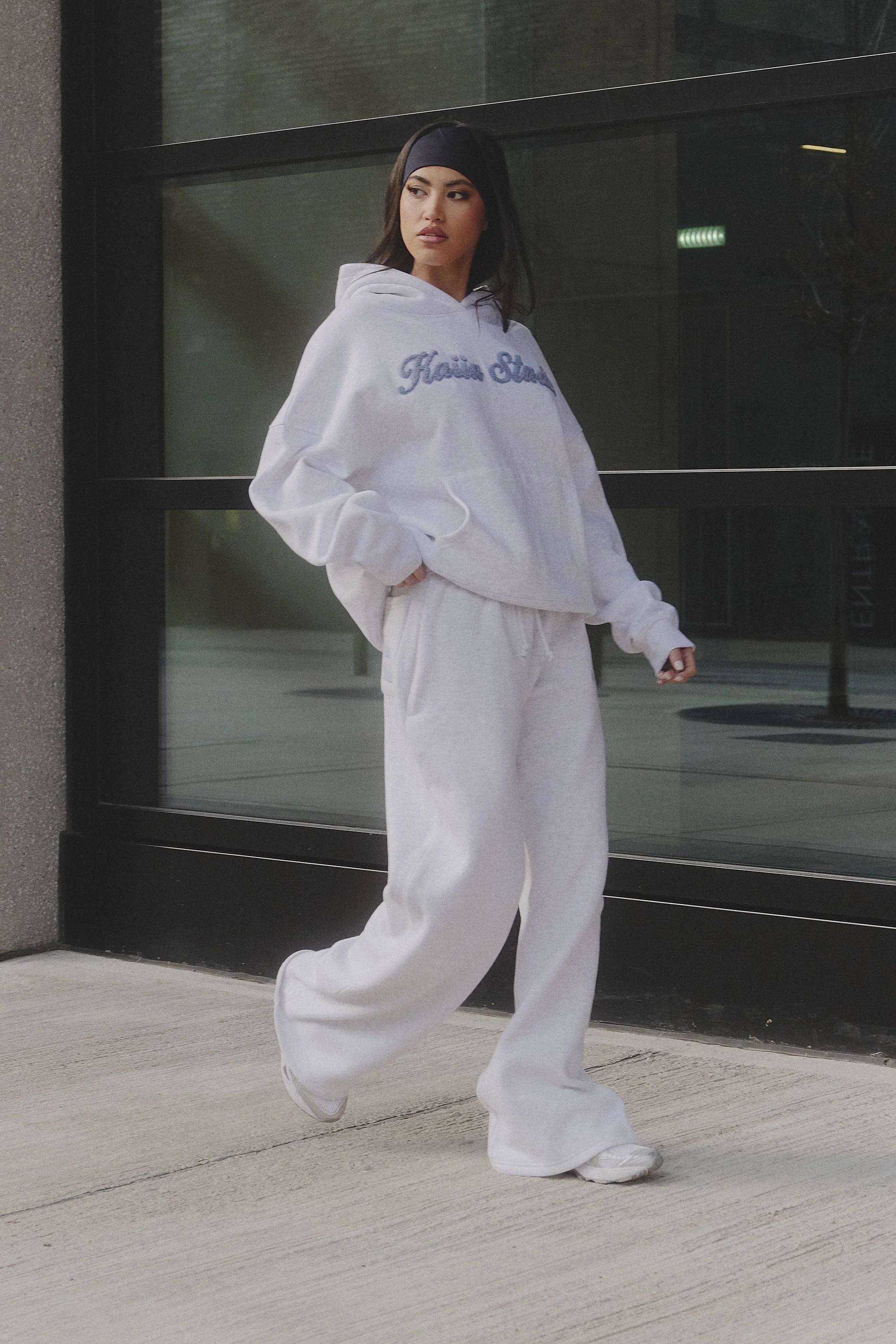 Kaiia Borg Script Logo Oversized Hoodie Light Grey Marl & Vintage Blue - Image 5