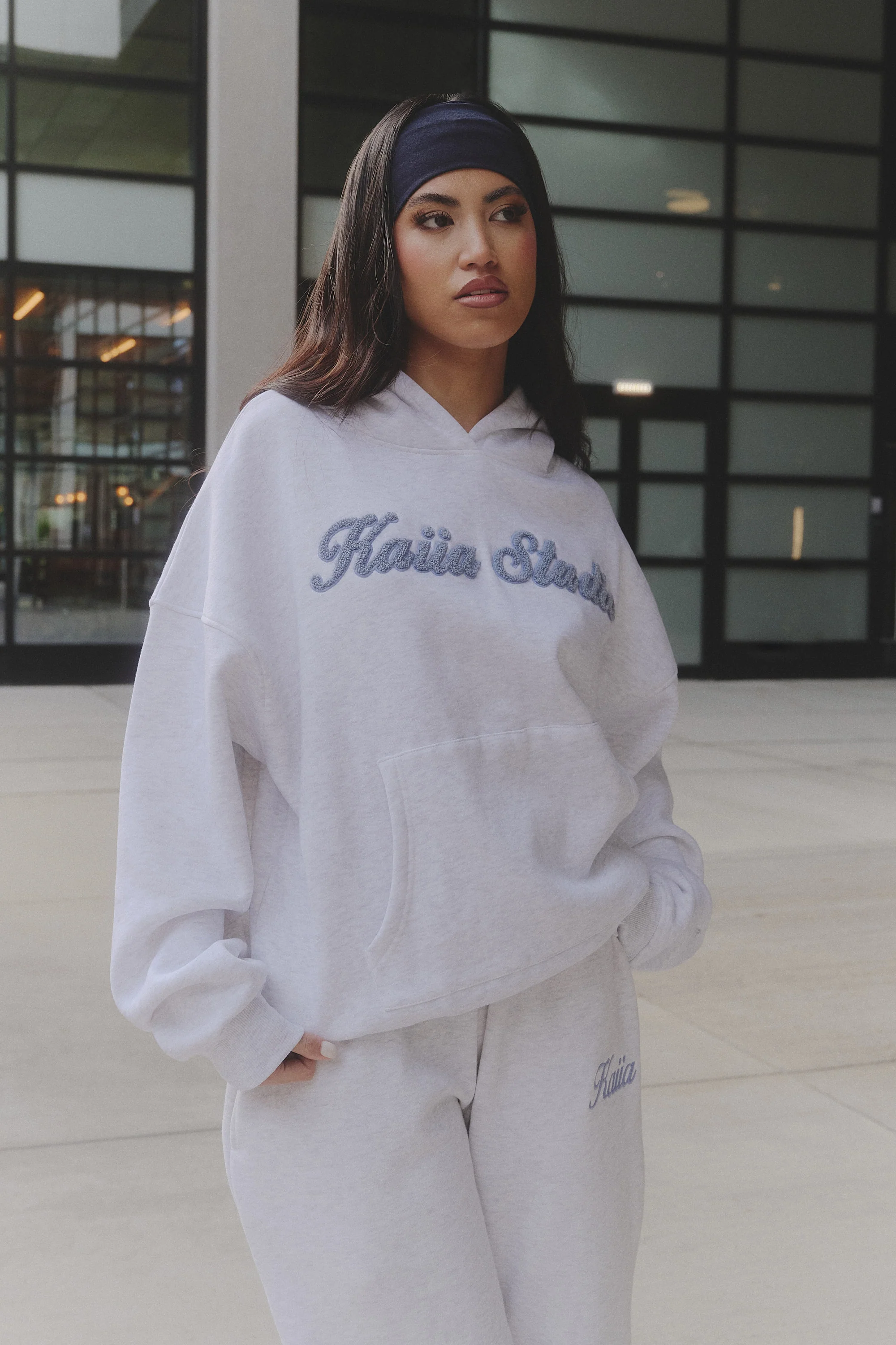 Kaiia Borg Script Logo Oversized Hoodie Light Grey Marl & Vintage Blue - Image 6