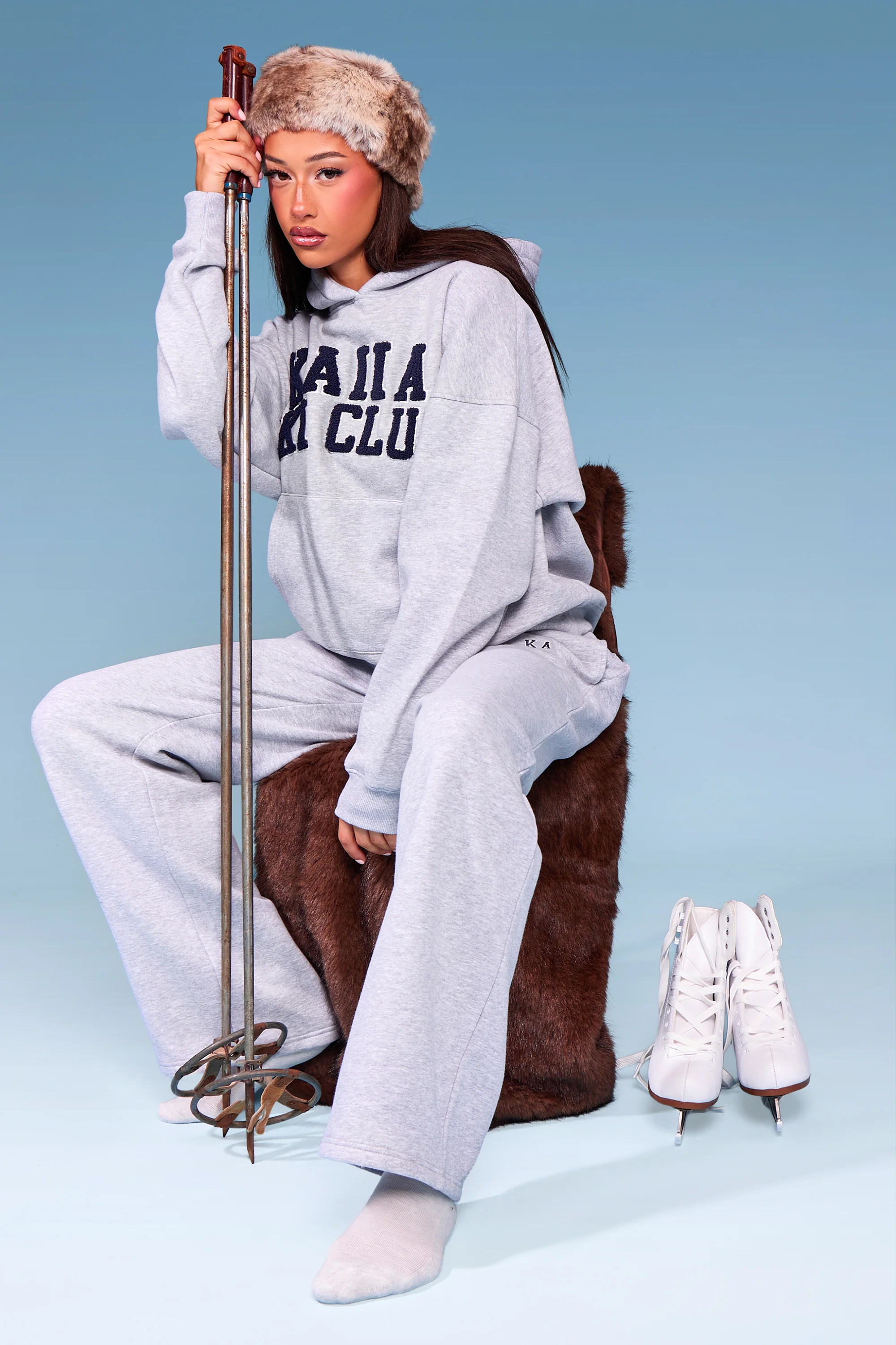 Kaiia Borg Ski Club Oversized Hoodie Mid Grey Marl & Navy - Image 3