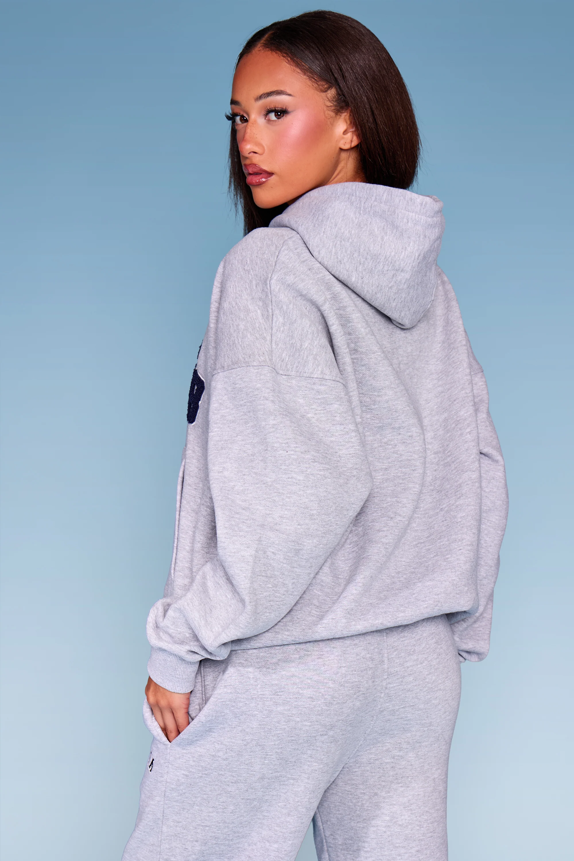 Kaiia Borg Ski Club Oversized Hoodie Mid Grey Marl & Navy - Image 4