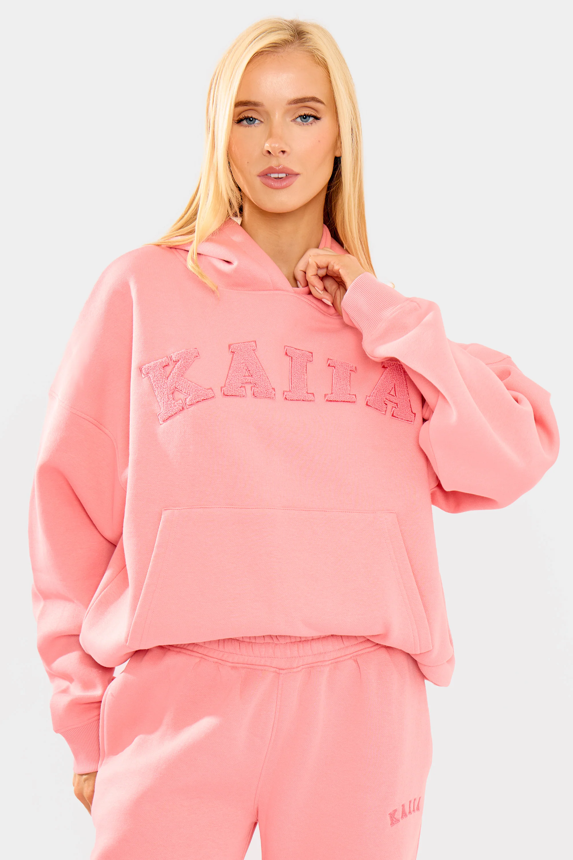 Kaiia Borg Slogan Oversized Hoodie Angel Pink - Image 5