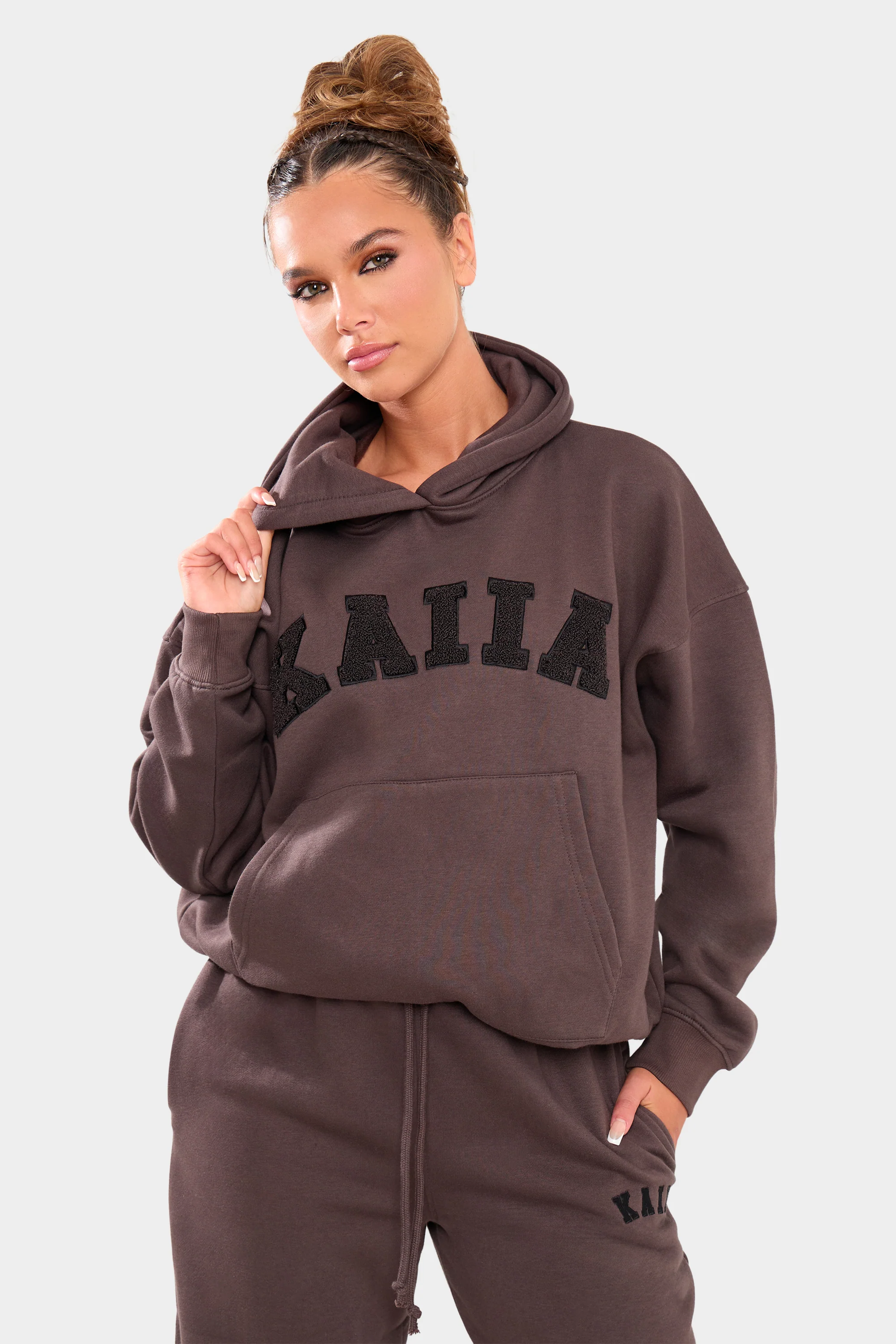 Kaiia Borg Slogan Oversized Hoodie Chocolate