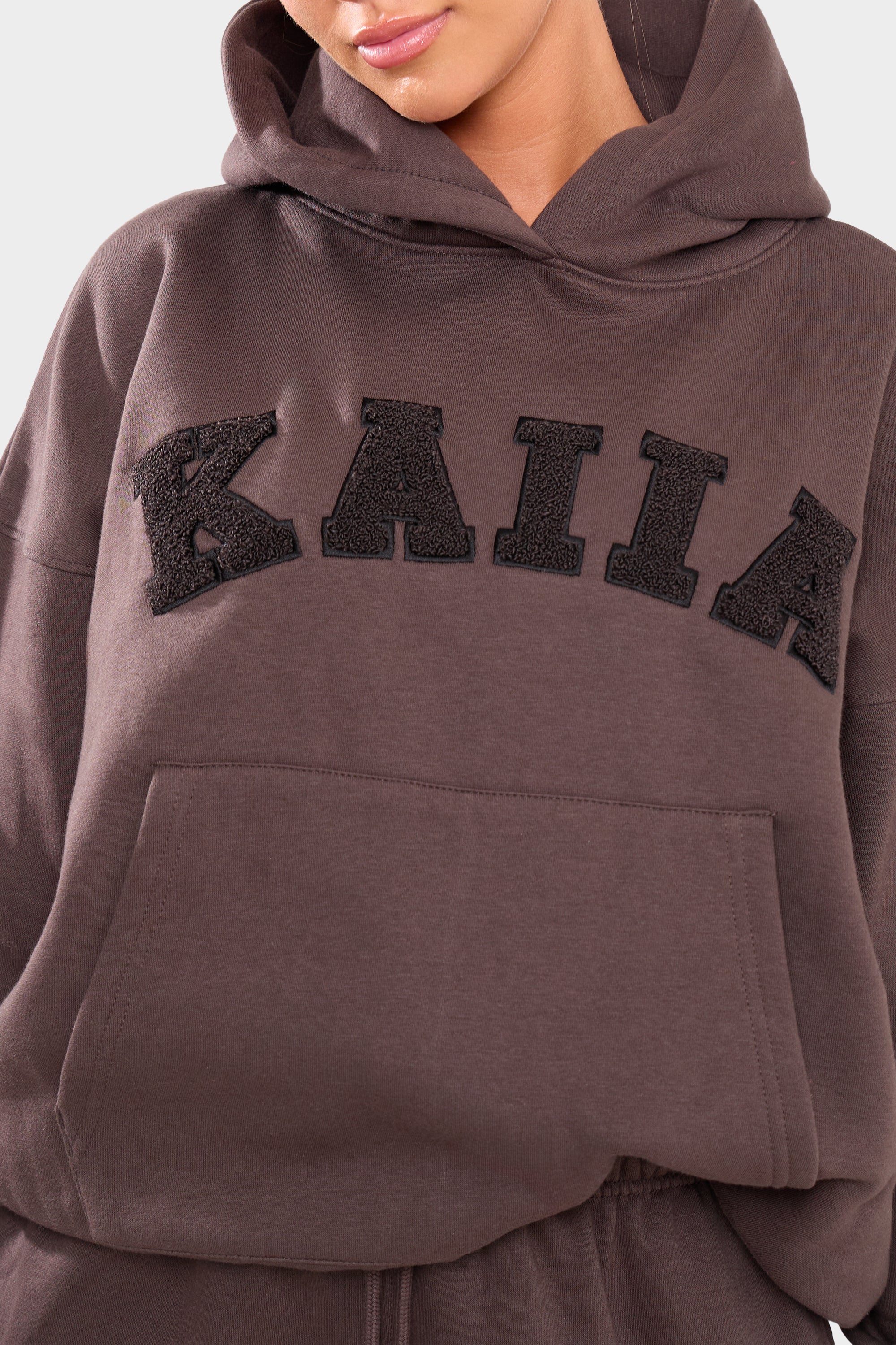 Kaiia Borg Slogan Oversized Hoodie Chocolate - Image 2