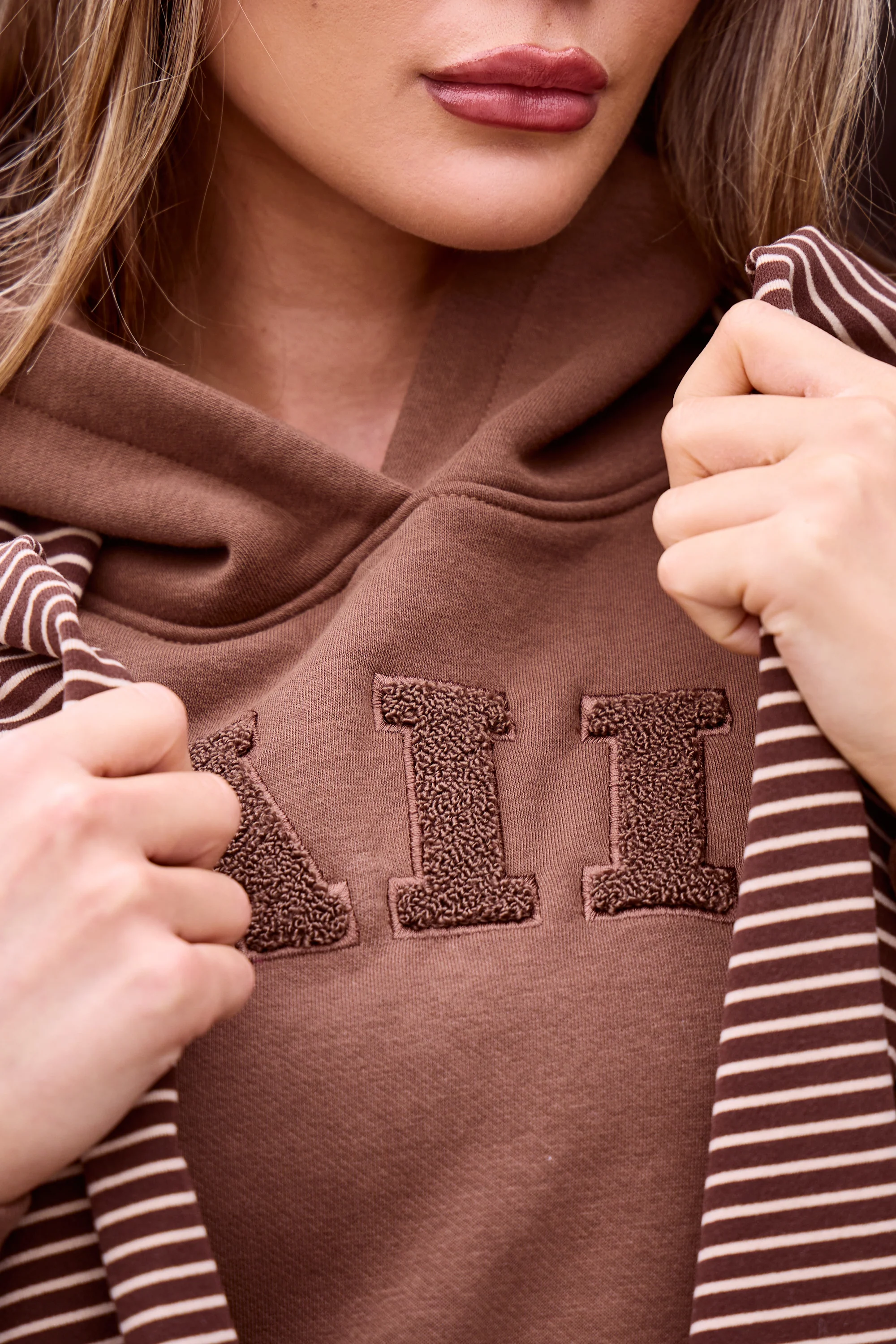 Kaiia Borg Slogan Oversized Hoodie Coffee - Image 3