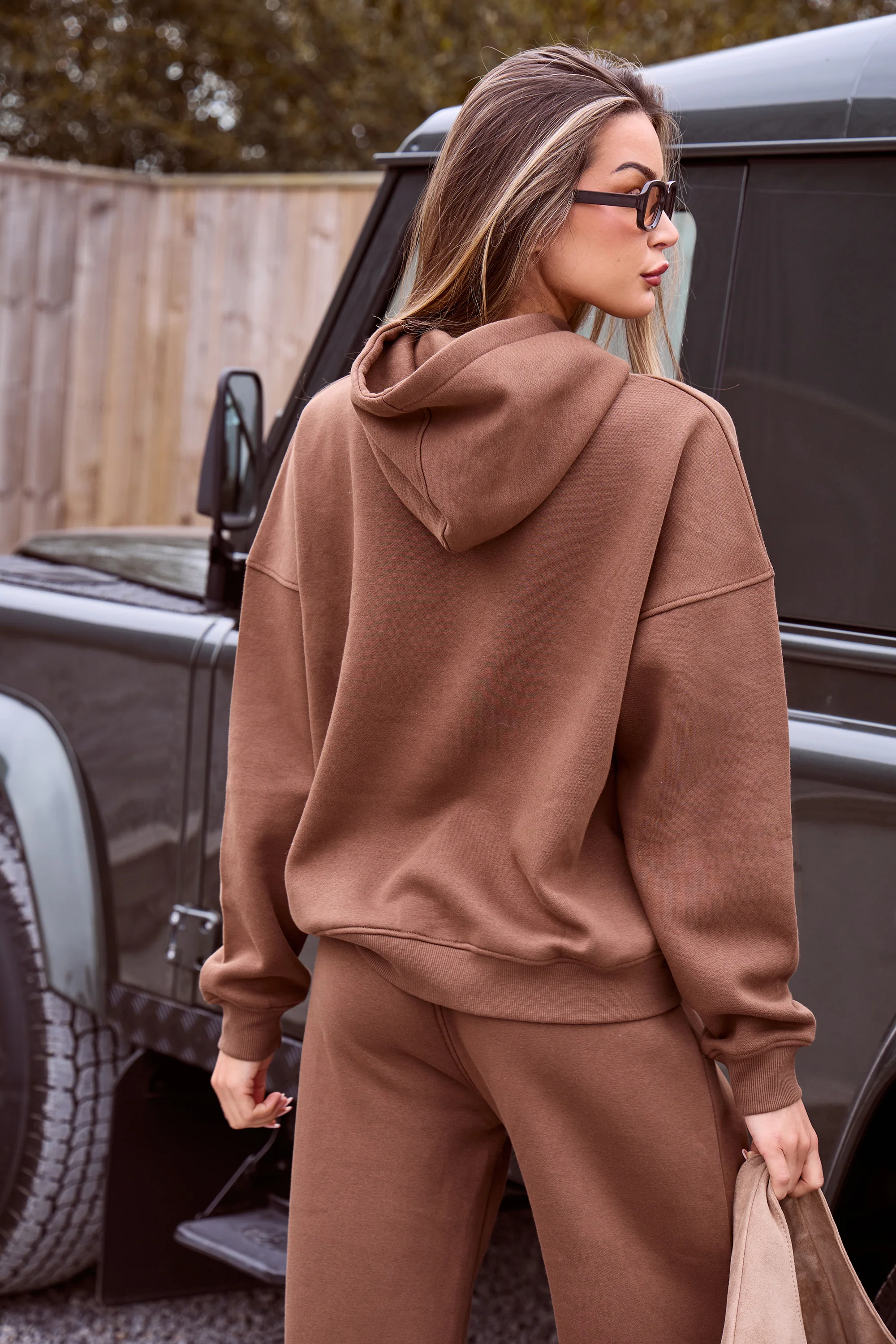 Kaiia Borg Slogan Oversized Hoodie Coffee - Image 5