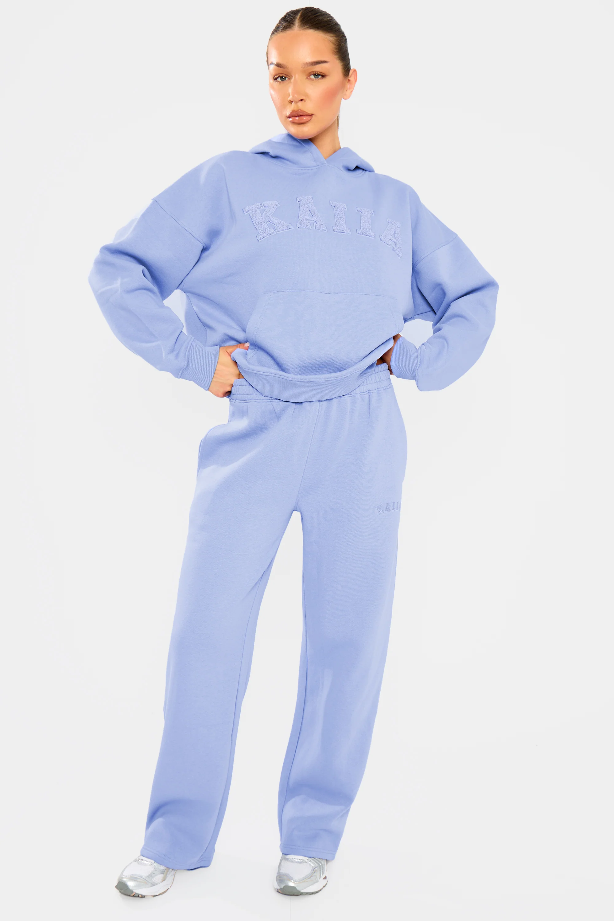 Kaiia Borg Slogan Oversized Hoodie Cornflower Blue - Image 3