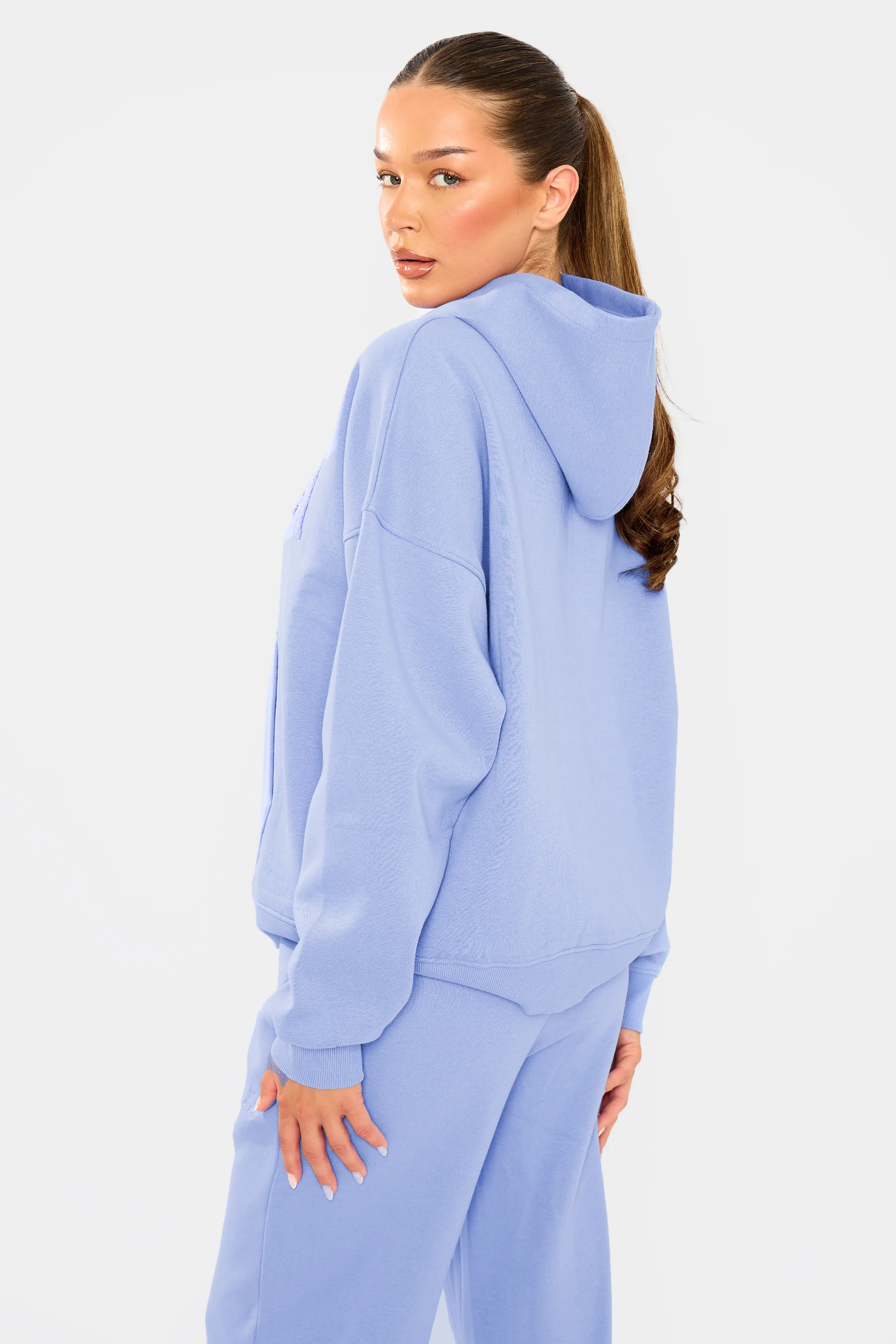 Kaiia Borg Slogan Oversized Hoodie Cornflower Blue - Image 4