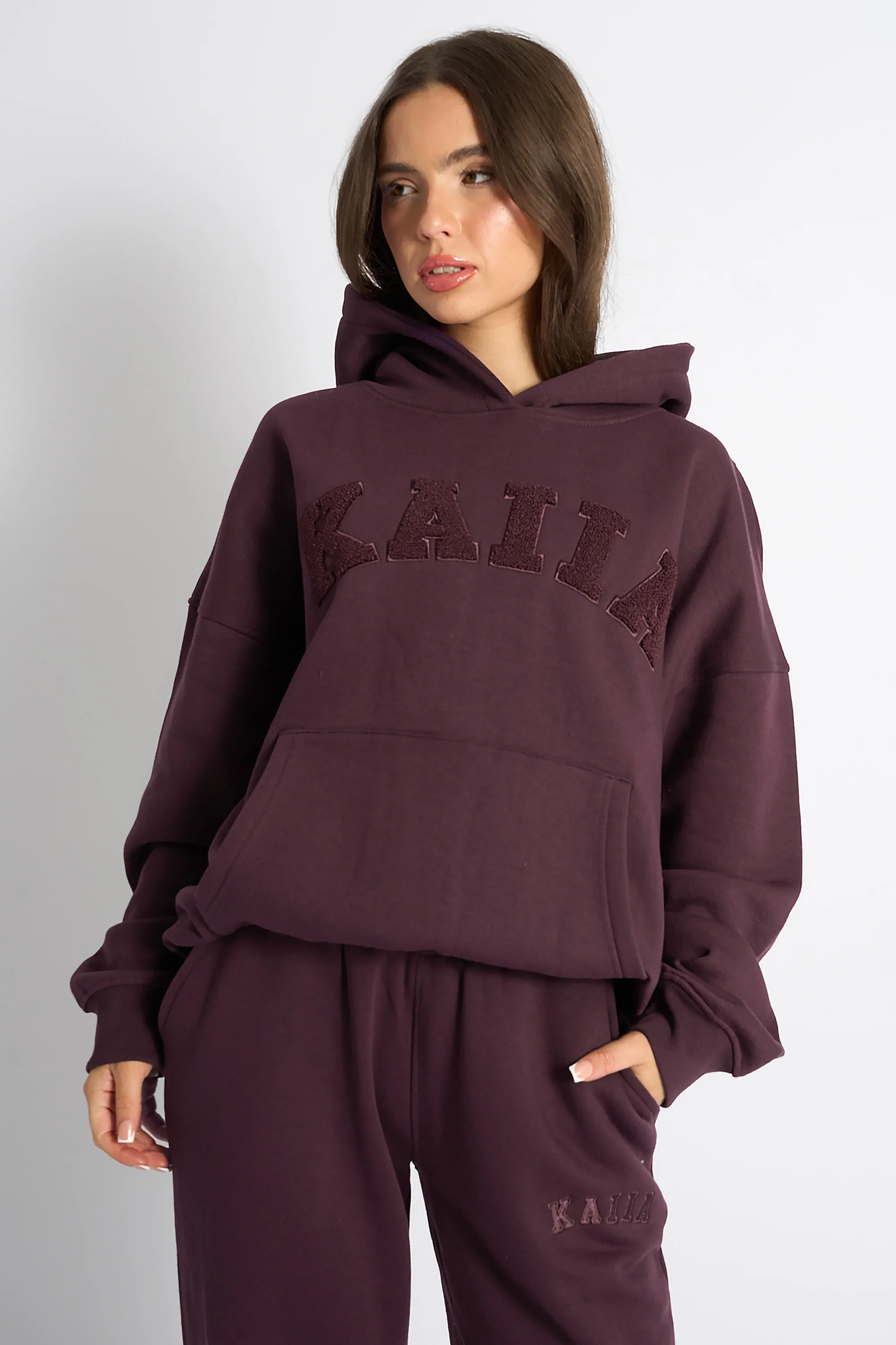 Kaiia Borg Slogan Oversized Hoodie Cherry - Image 2