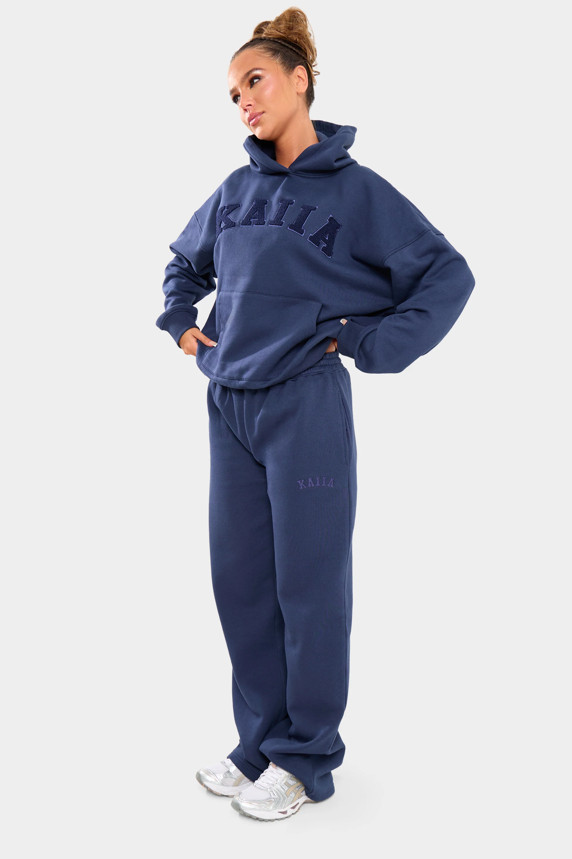 Kaiia Borg Slogan Oversized Hoodie Deep Blue - Image 3