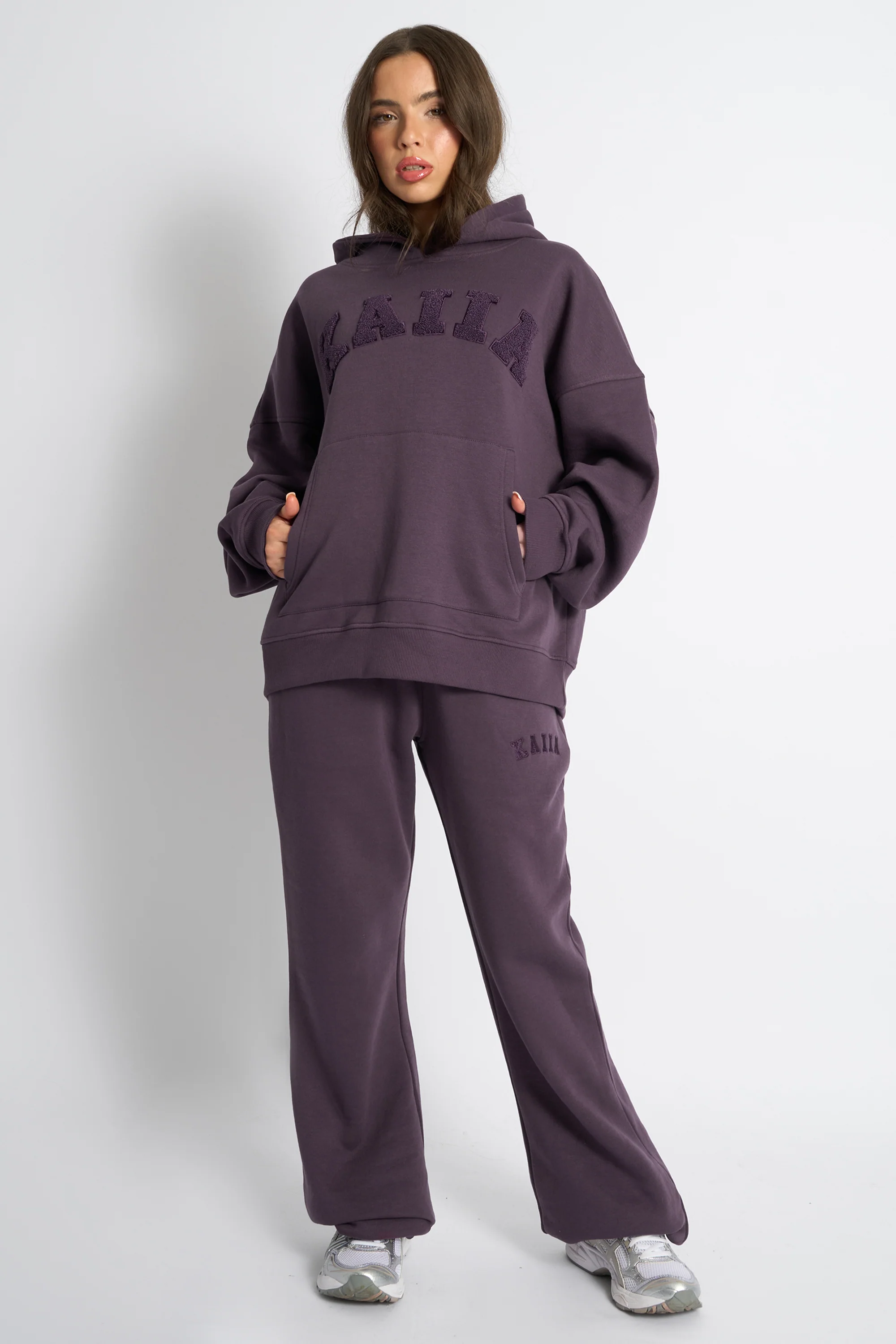 Kaiia Borg Slogan Oversized Hoodie Deep Purple - Image 3