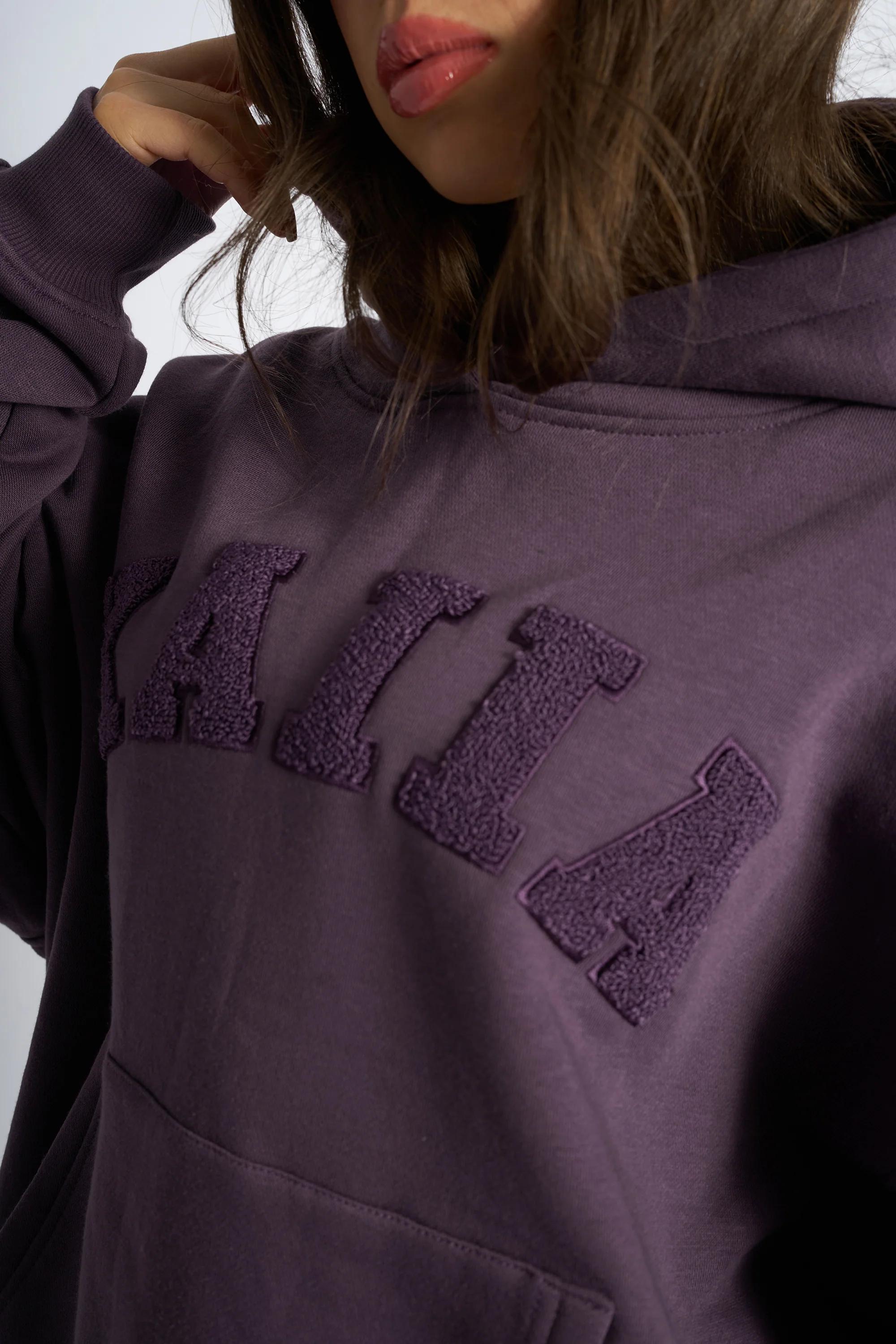 Kaiia Borg Slogan Oversized Hoodie Deep Purple - Image 4