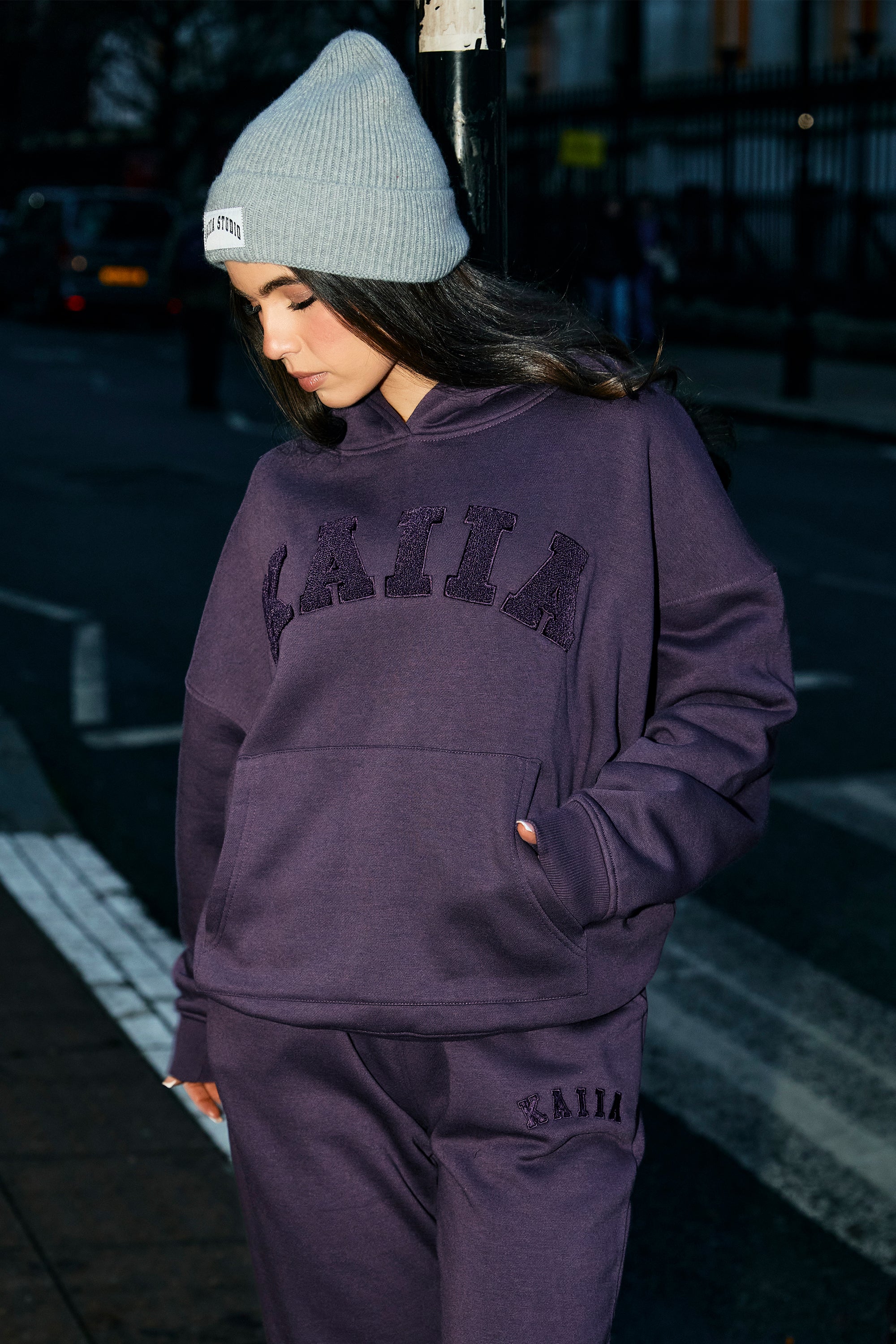 Kaiia Borg Slogan Oversized Hoodie Deep Purple - Image 5