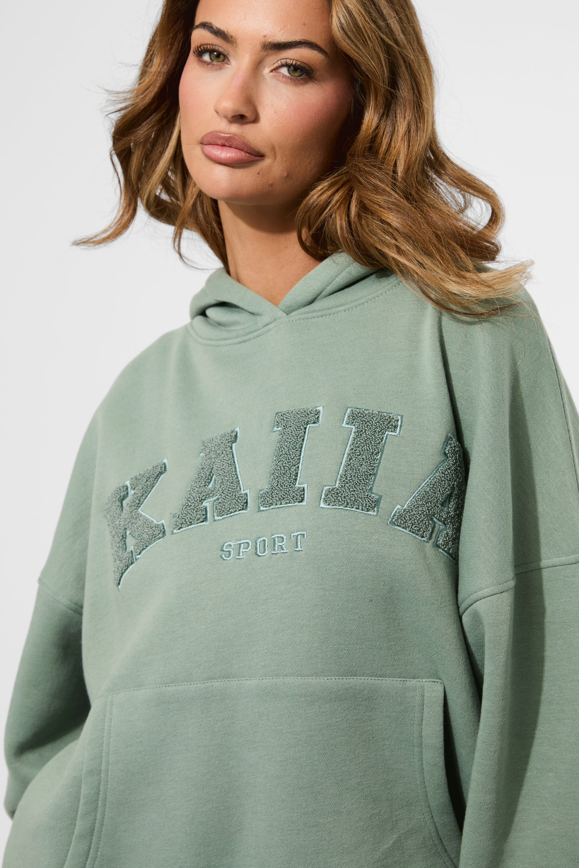 Kaiia Borg Slogan Oversized Hoodie Green Tea - Image 2
