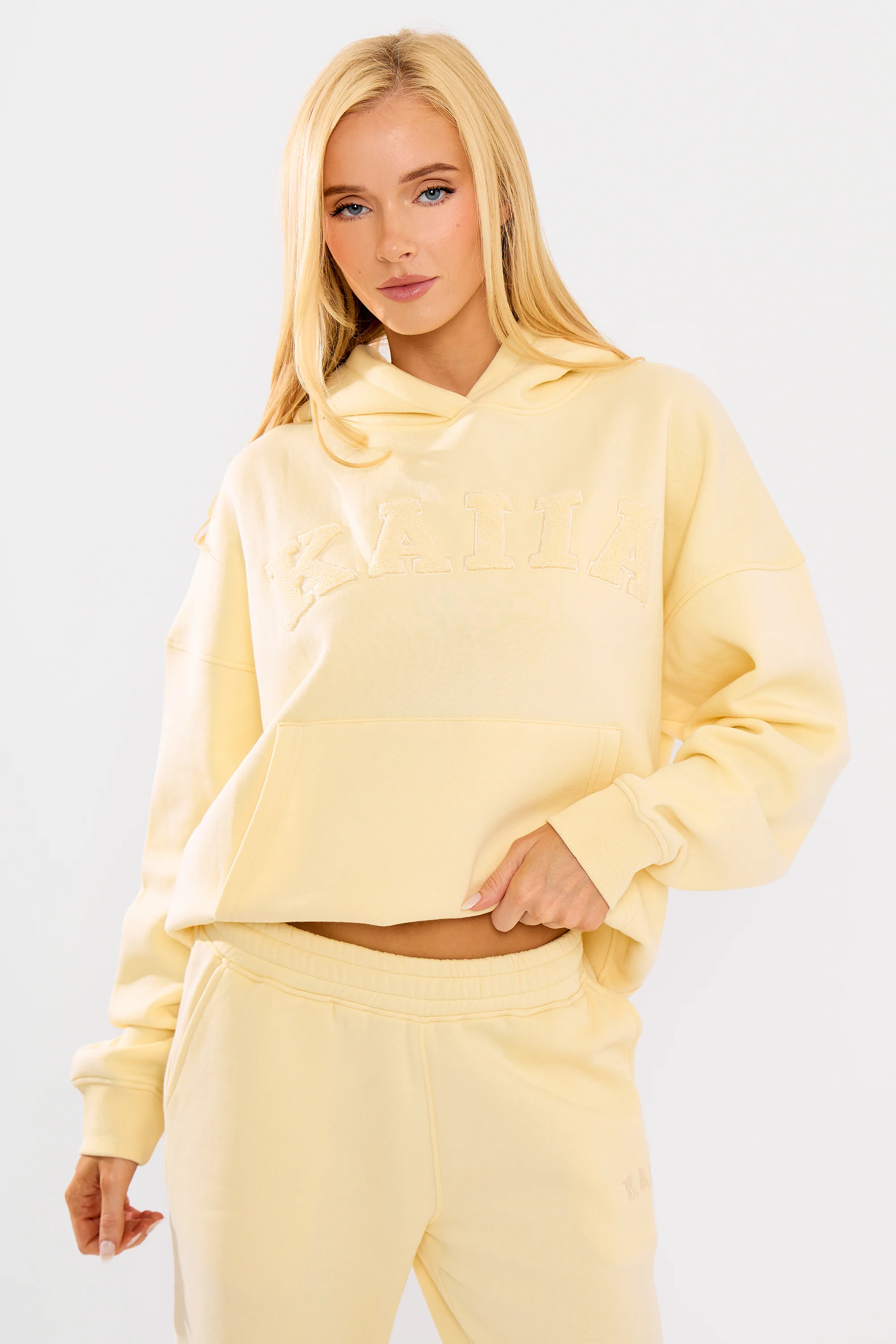 Kaiia Borg Slogan Oversized Hoodie Lemon - Image 10