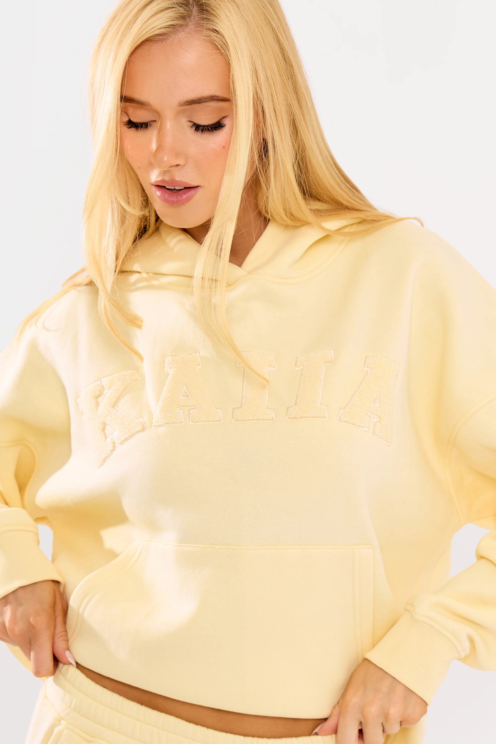 Kaiia Borg Slogan Oversized Hoodie Lemon - Image 11